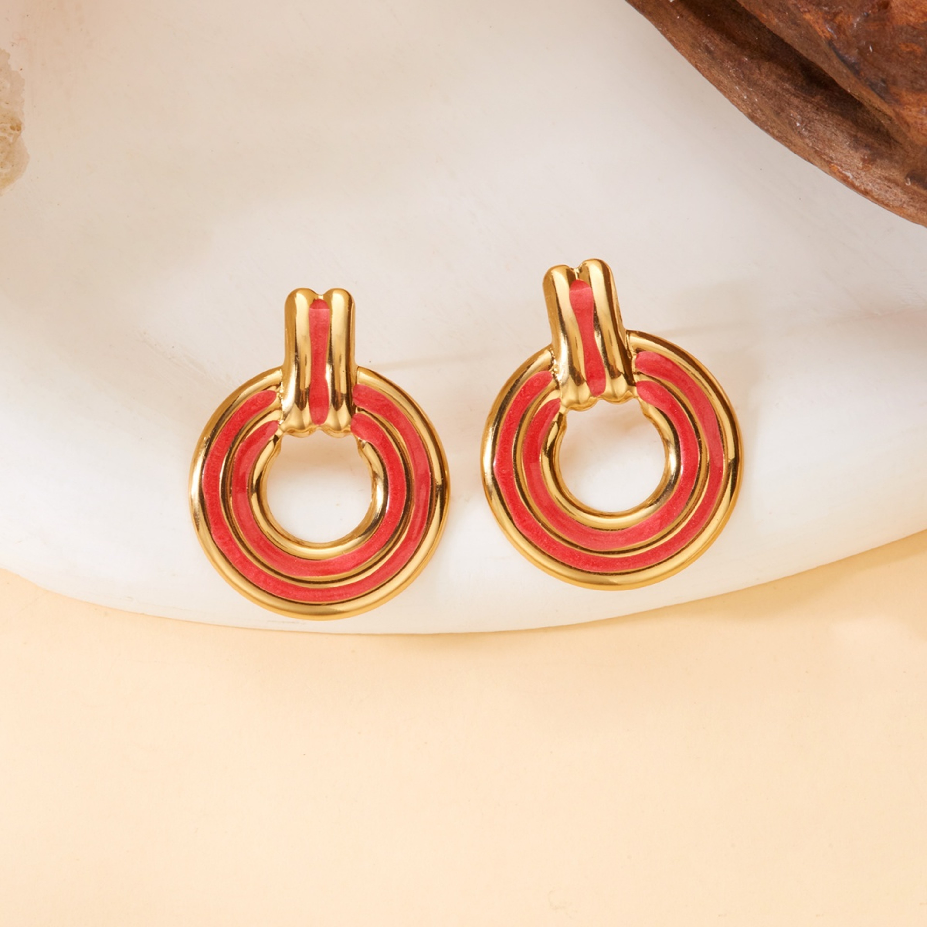 Trendy Round Stud Earrings for Women, Vintage Stainless Steel, Red White Enamel Metal Circle Earring, Punk Party Jewelry – view 3