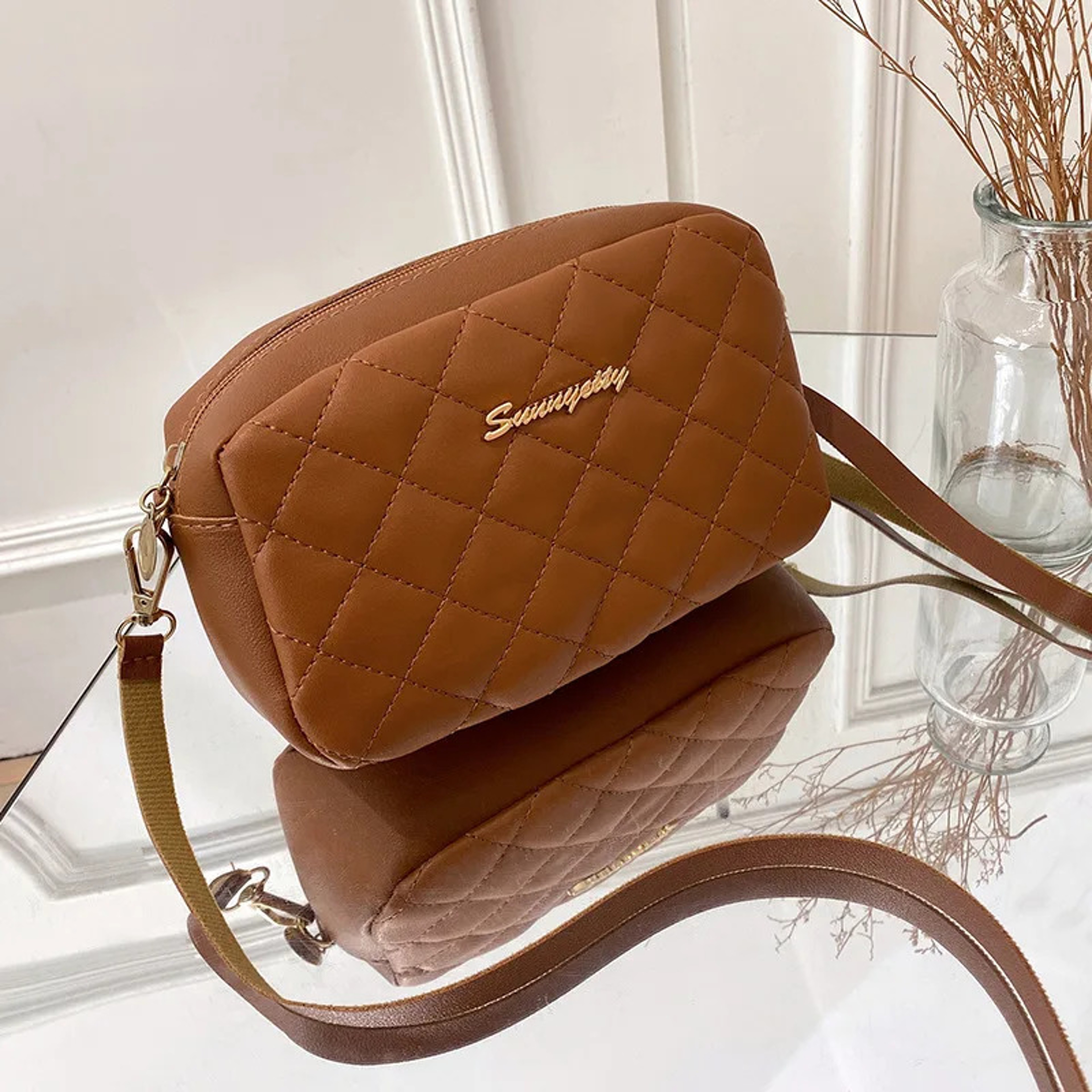 Simple Embroidery Checkered Crossbody Camera Bag For Women Checkered Crossbody Bag 0