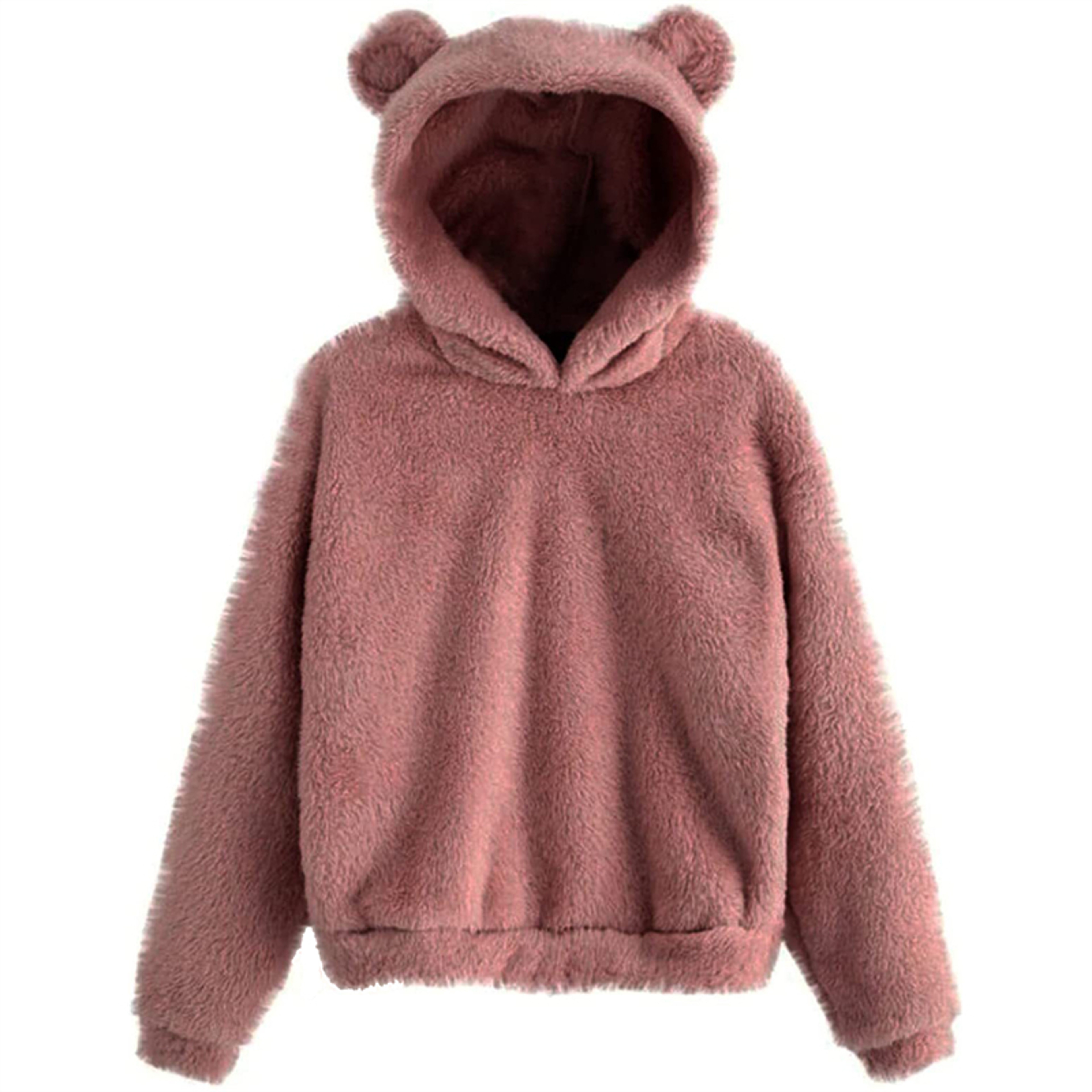 Cute Loose Hoodie With Bear Ears Winter Korean Fashion Fluffy Hooded Warm Sweatshirt Solid Long Sle 16