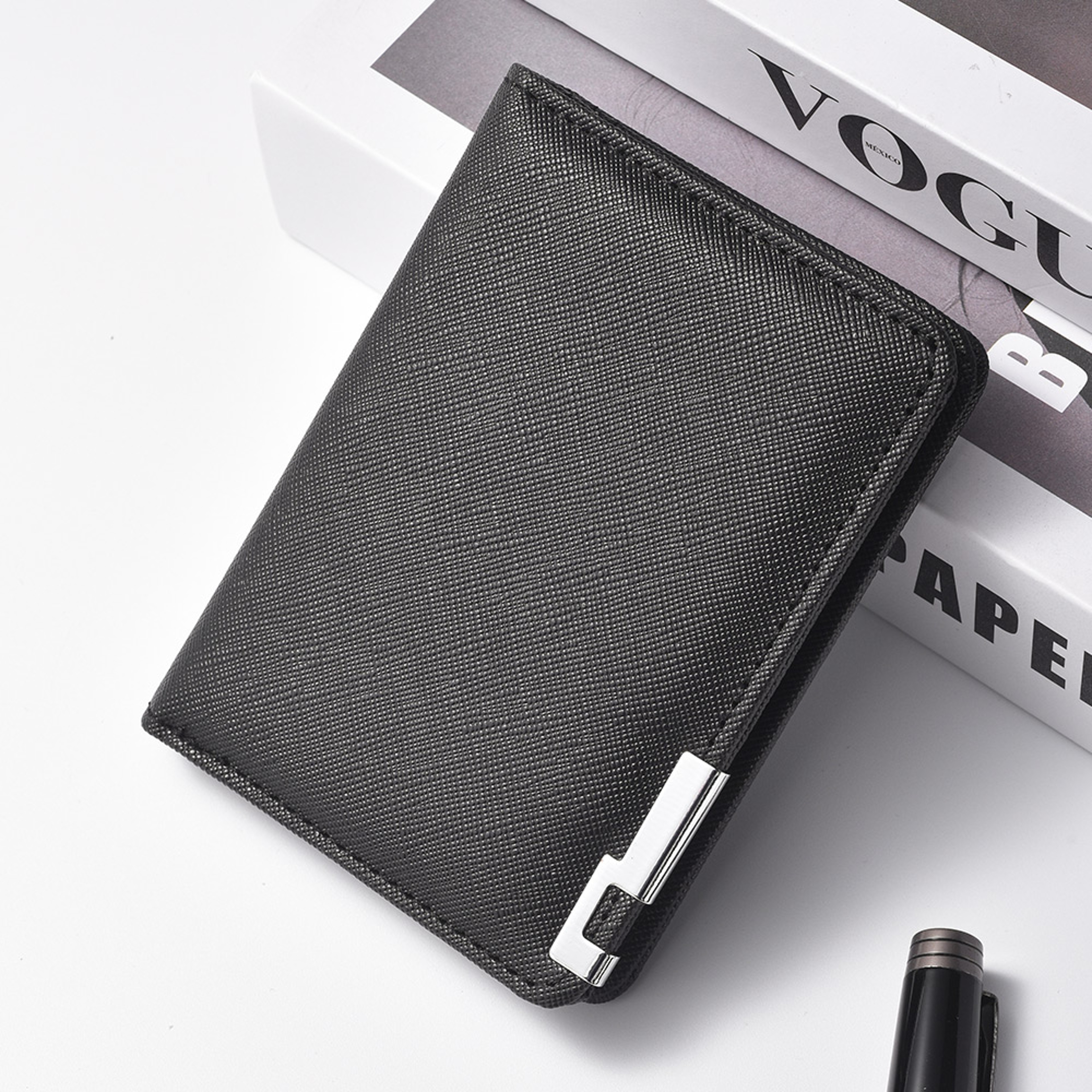Slim Business-Style Wallet in Black Faux Leather with Geometric Pattern, Multiple Card Slots – view 3
