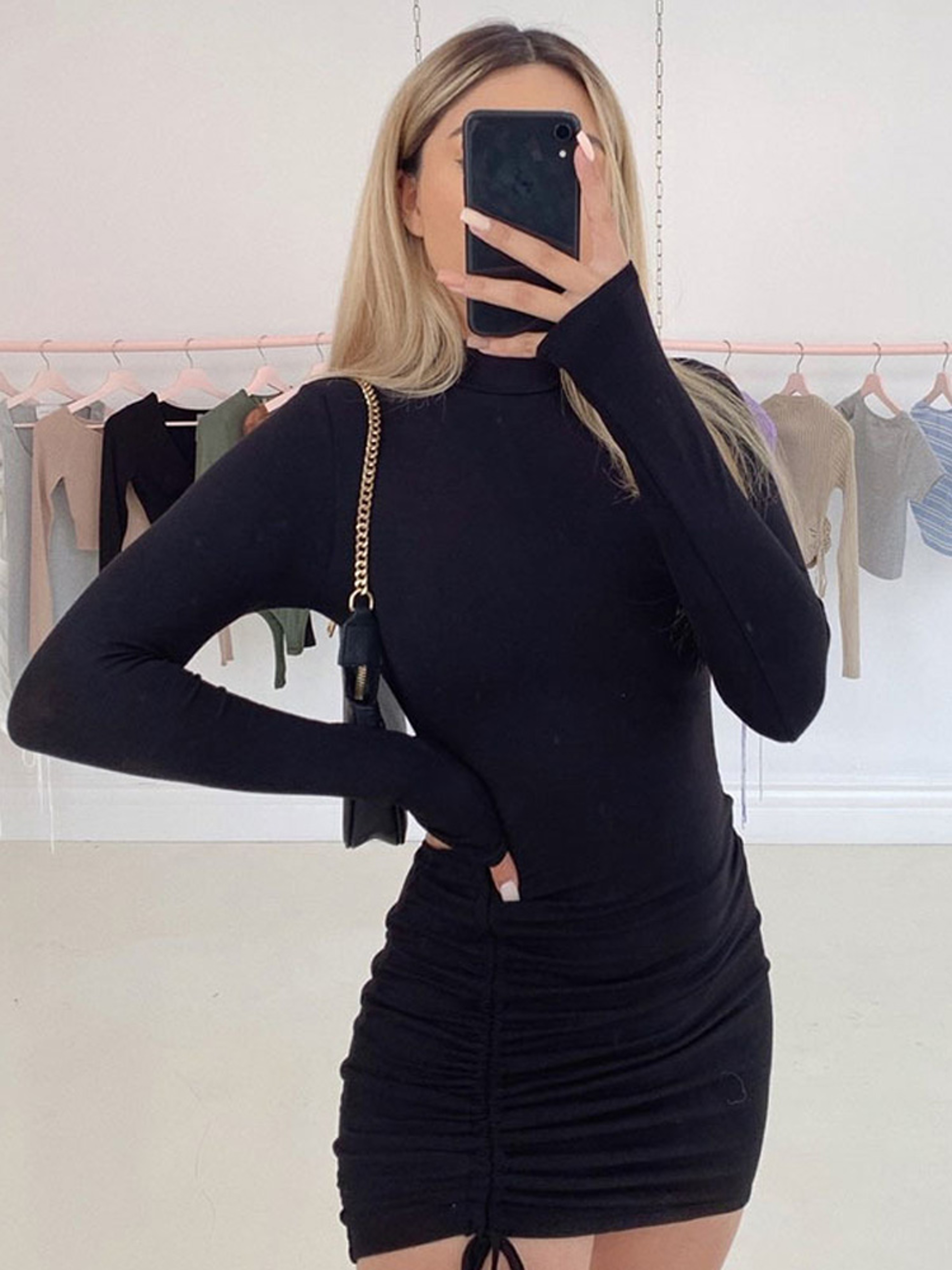 Stretchy Black Bandage Mini Dress Turtleneck Autumn Party Mini Dresses Autumn Black Skinny Stretchy Party Vestidos – view 8