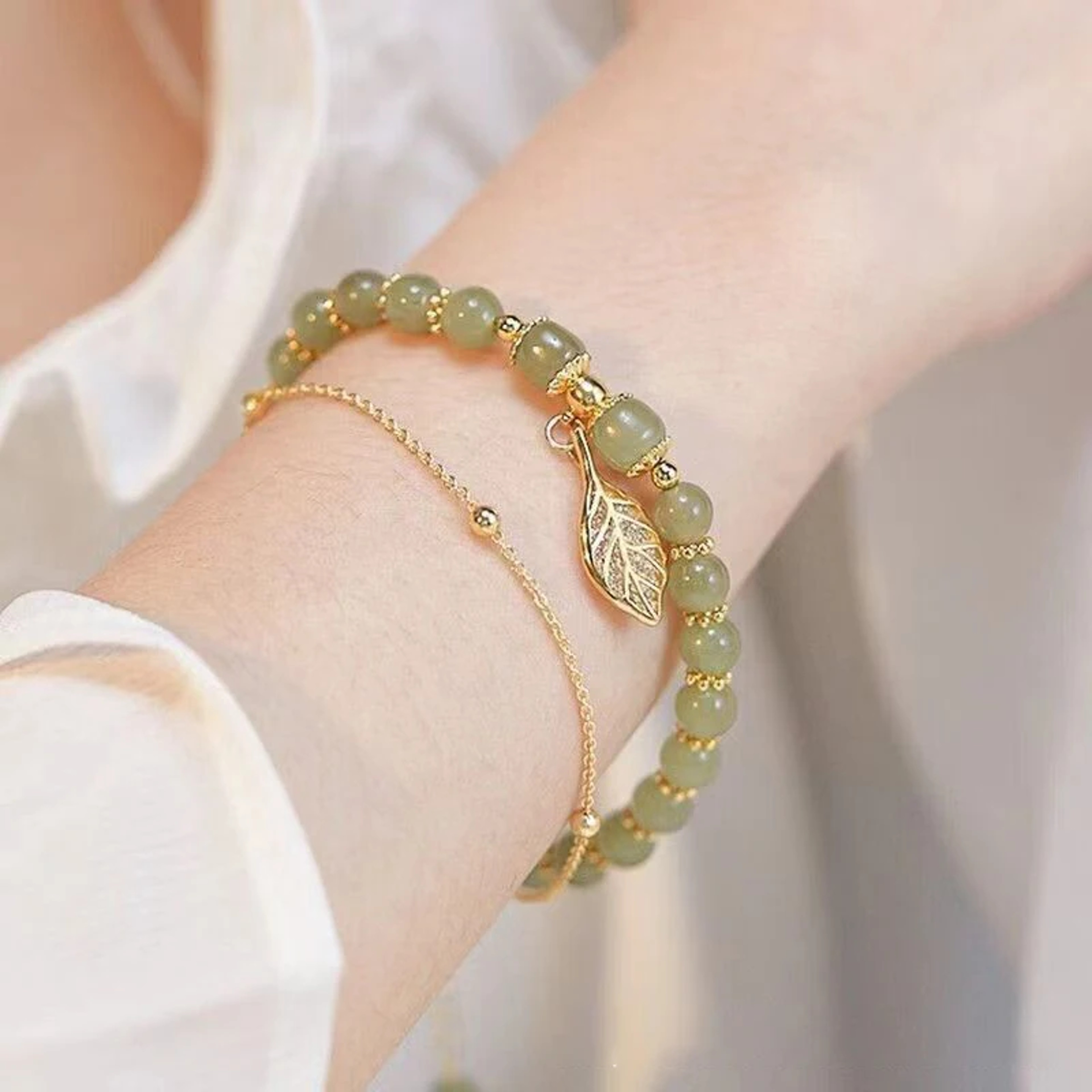 Exquisite Gold Color Leaves, Style Green Jade Bracelet, Double Chain Bracelet, For Women Wrist Strap, Elegant Girls Gift – view 4