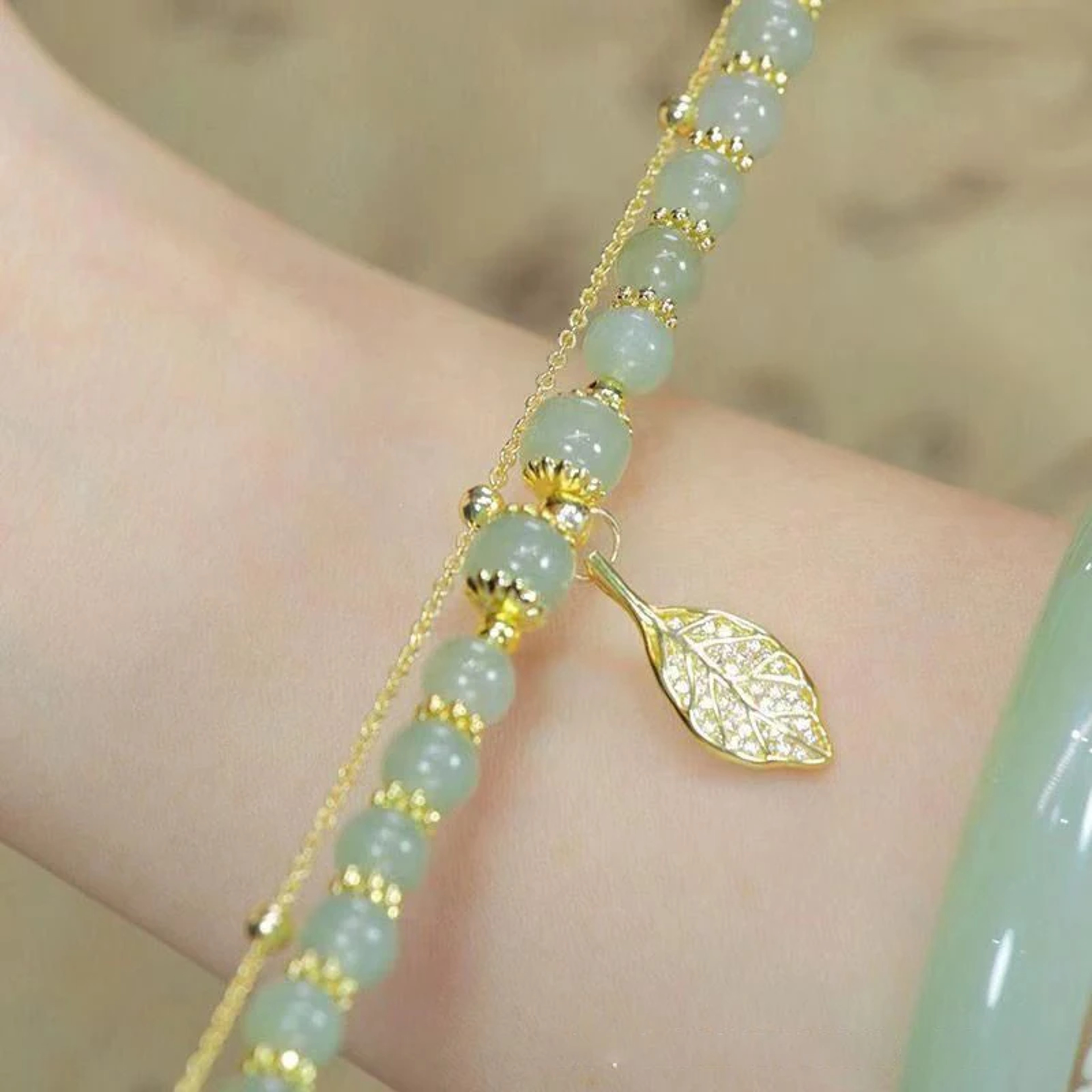 Exquisite Gold Color Leaves, Style Green Jade Bracelet, Double Chain Bracelet, For Women Wrist Strap, Elegant Girls Gift – view 5