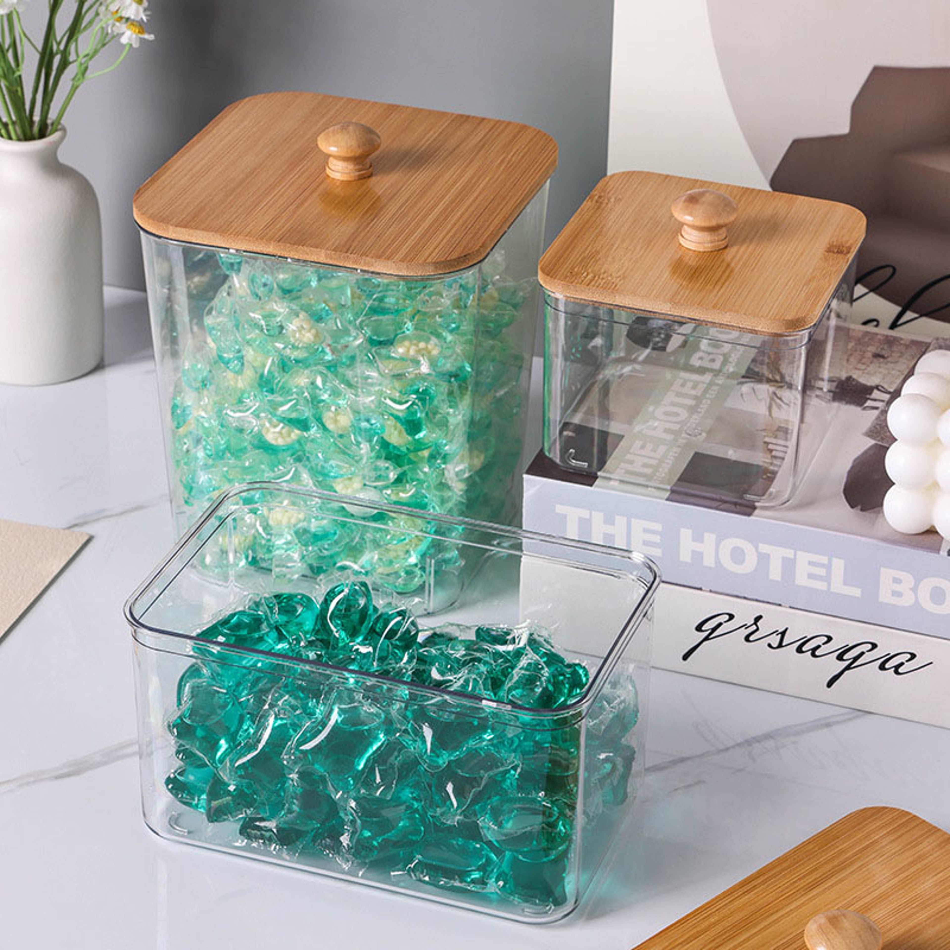 Cotton Swab Holder, Bamboo Lid Laundry Powder Storage Box, Desktop Decorative Box for Living Room, Table Organization – view 2