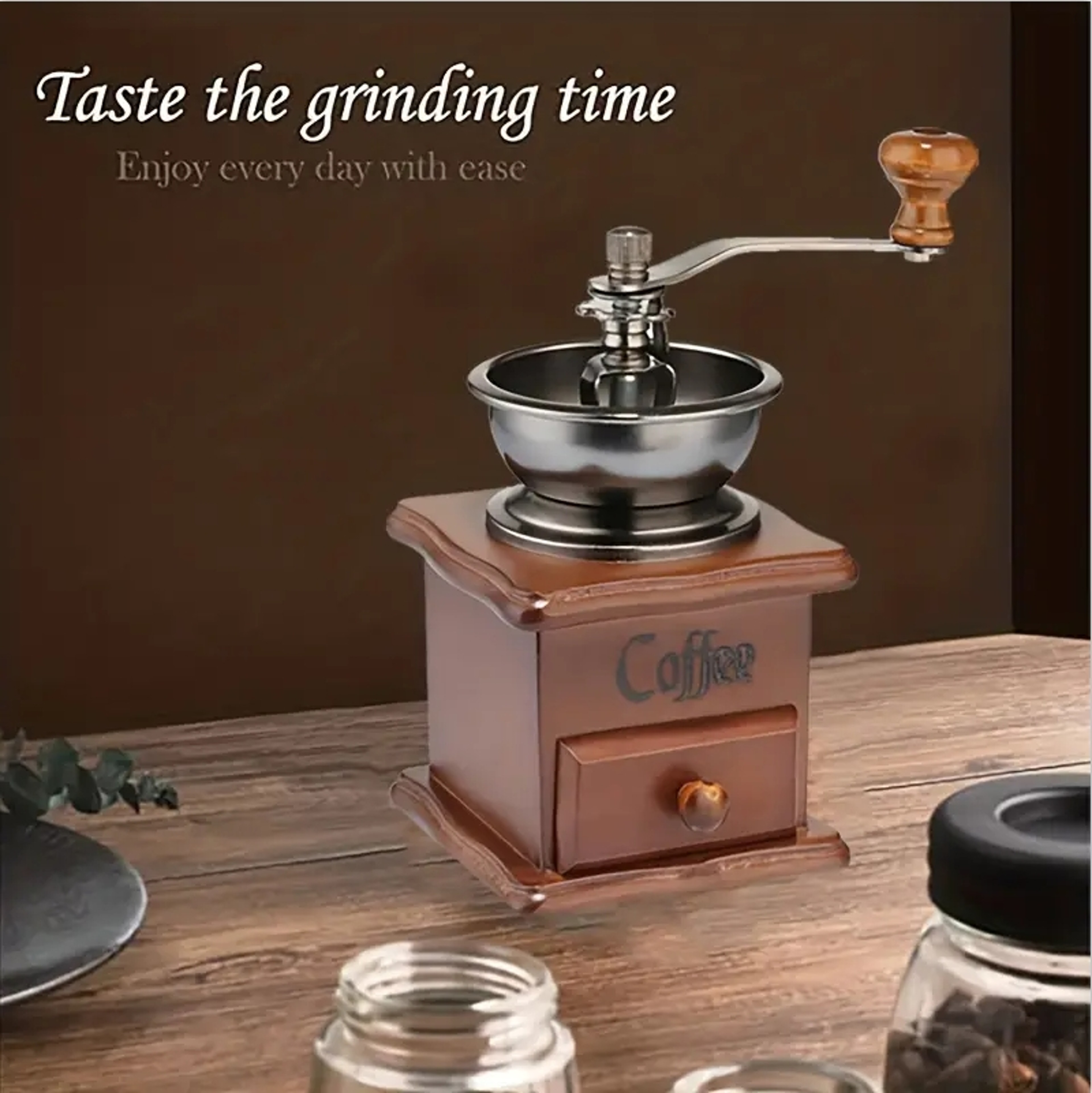 Burr Hand Crank Coffee Grinder, Vintage Wooden Coffee Grinder, Manual Coffee Mill for Fresh Ground Coffee – view 2