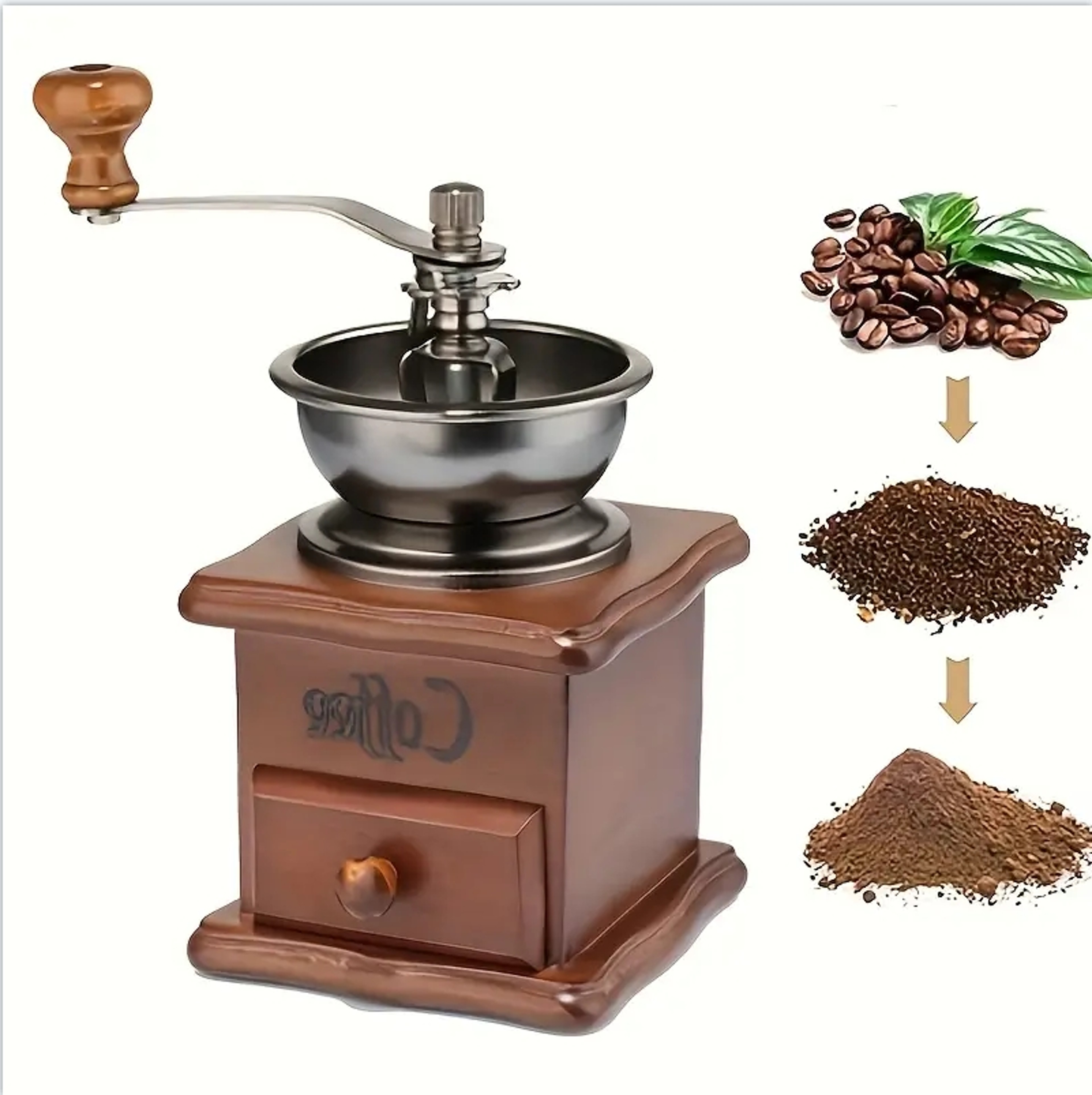 Burr Hand Crank Coffee Grinder, Vintage Wooden Coffee Grinder, Manual Coffee Mill for Fresh Ground Coffee – view 3