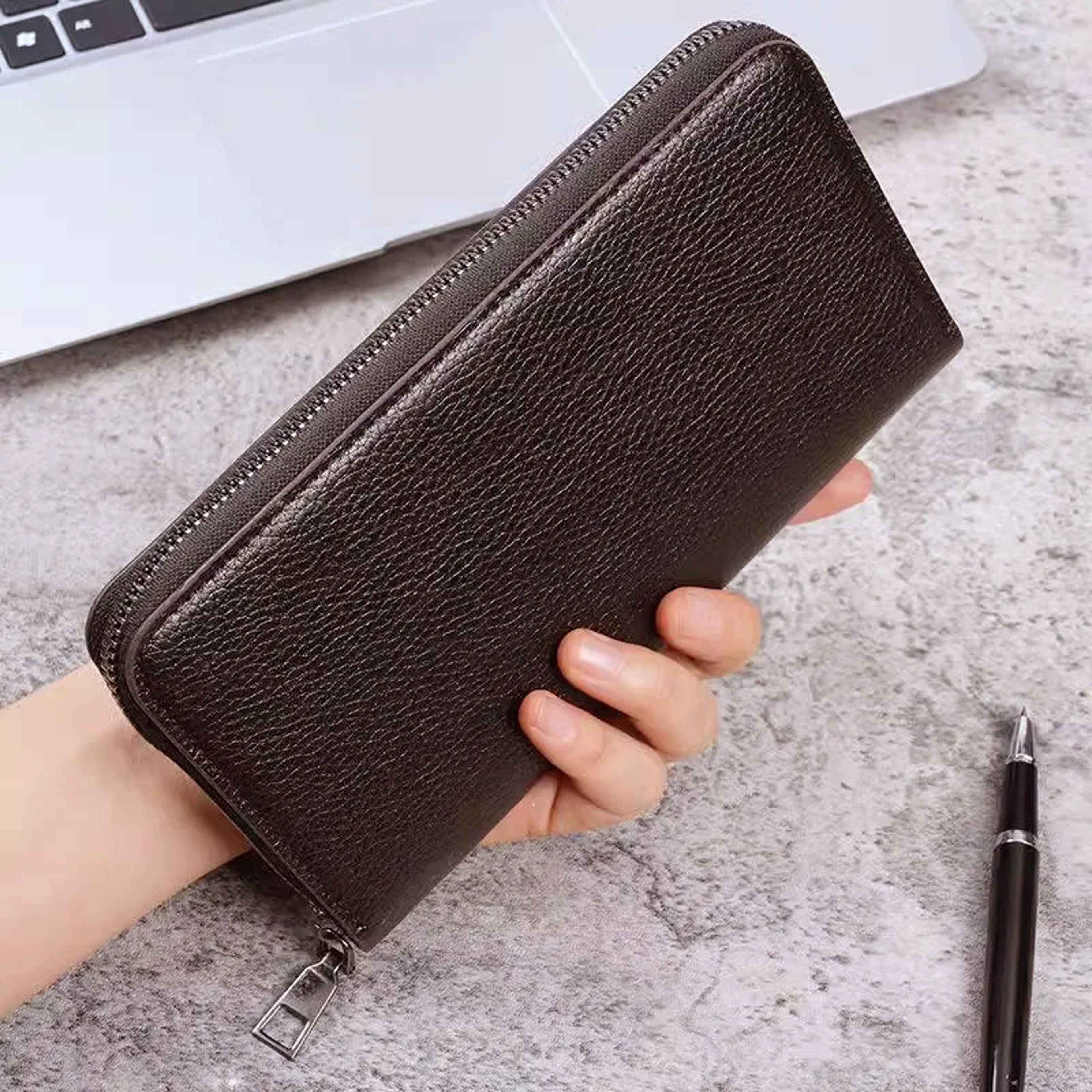 Men S Soft Leather Long Zipped Purse Slim Fashion Card Wallet Solid Pattern Suit Bag 0