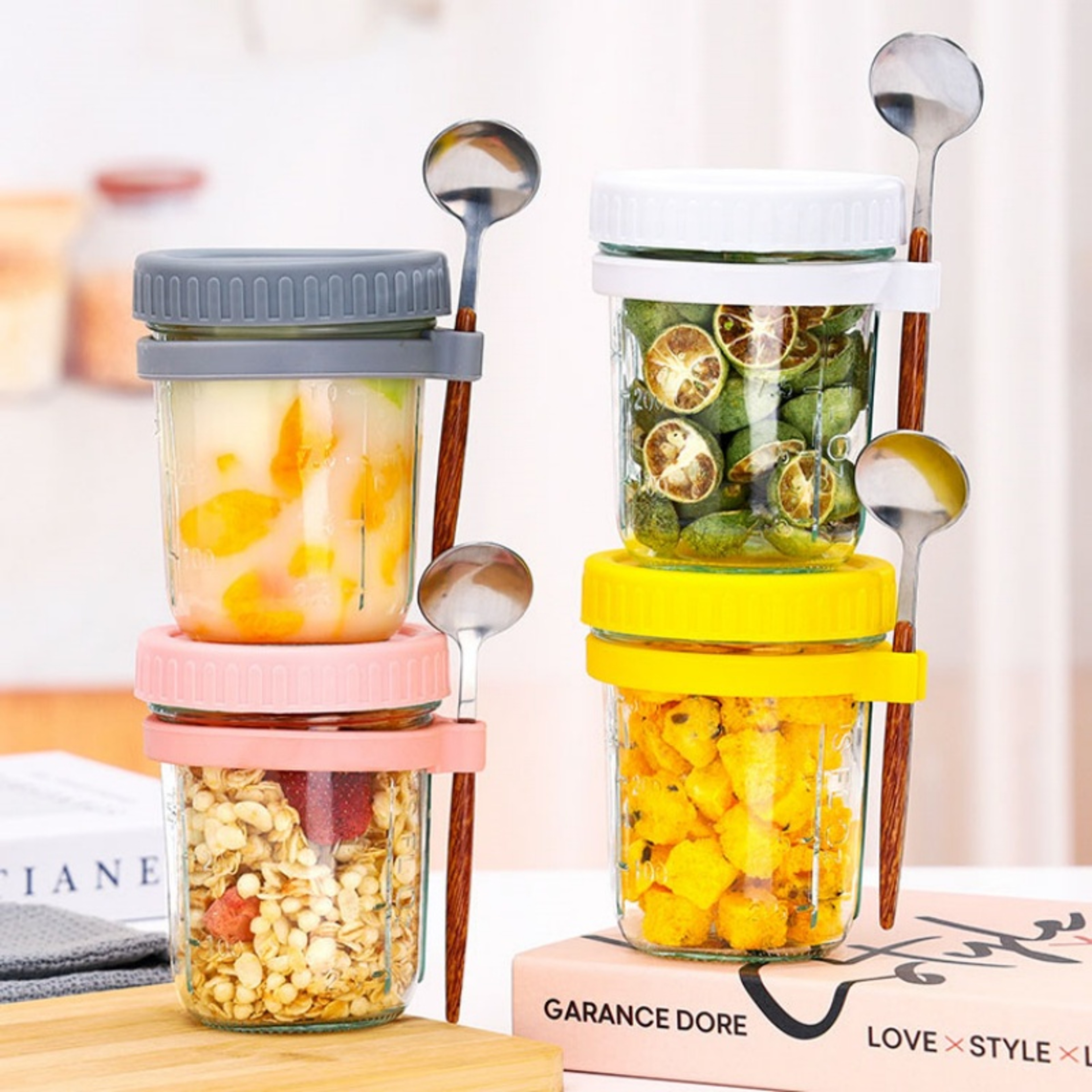 Transparent Glass HighValue Oat Cup With Lid And Spoon MultiColor Breakfast Cup Sealing With Scale 5