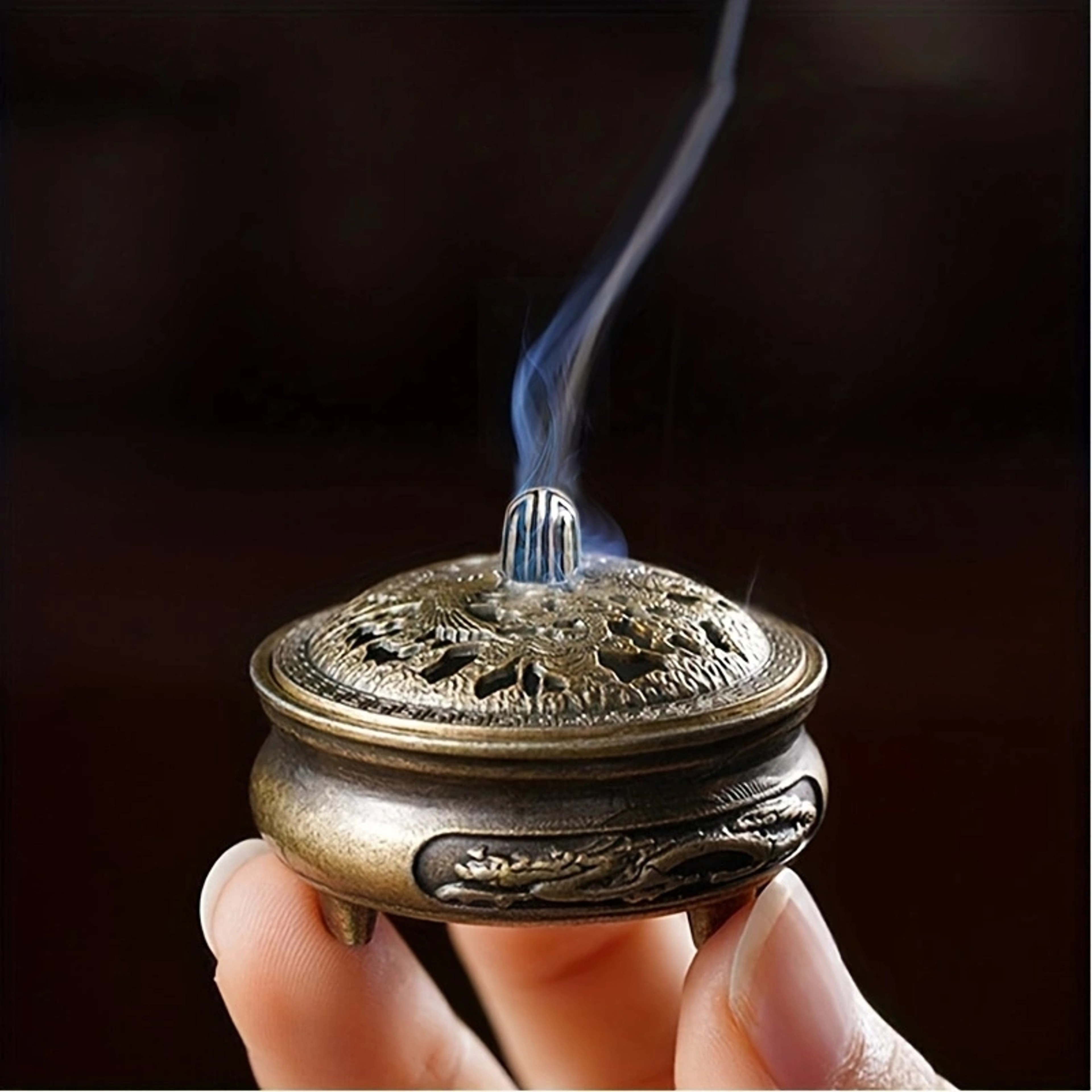 Mini Hollow Brass Pocket Incense Burner, Antique Ornament for Tea Tables, Dragon and Phoenix Decoration – view 5