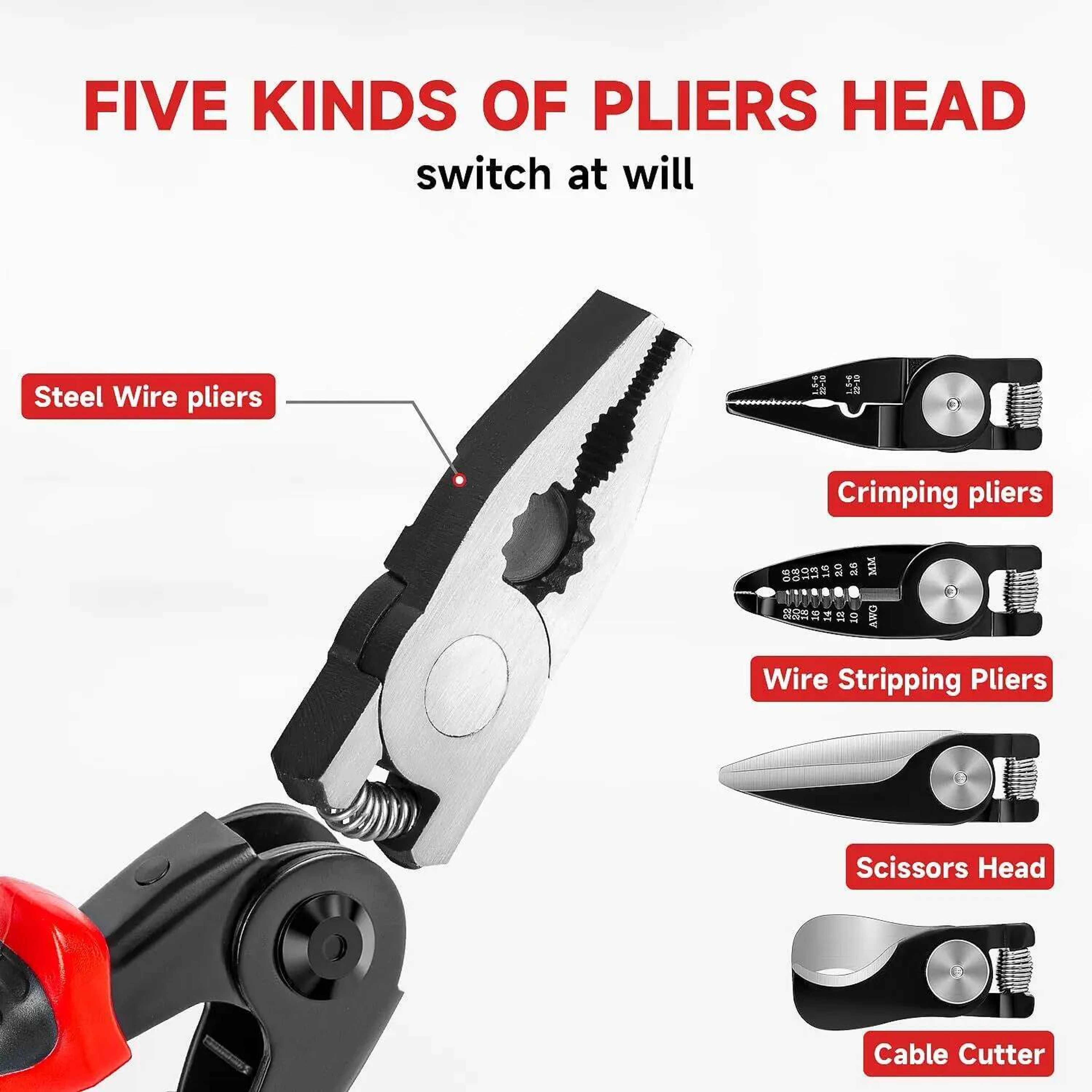 Multi-tool Pliers Set, Crimping Pliers, Wire Stripper, Quick Change Plier Head Set, Wire Cutters, Cable Cutter – view 2