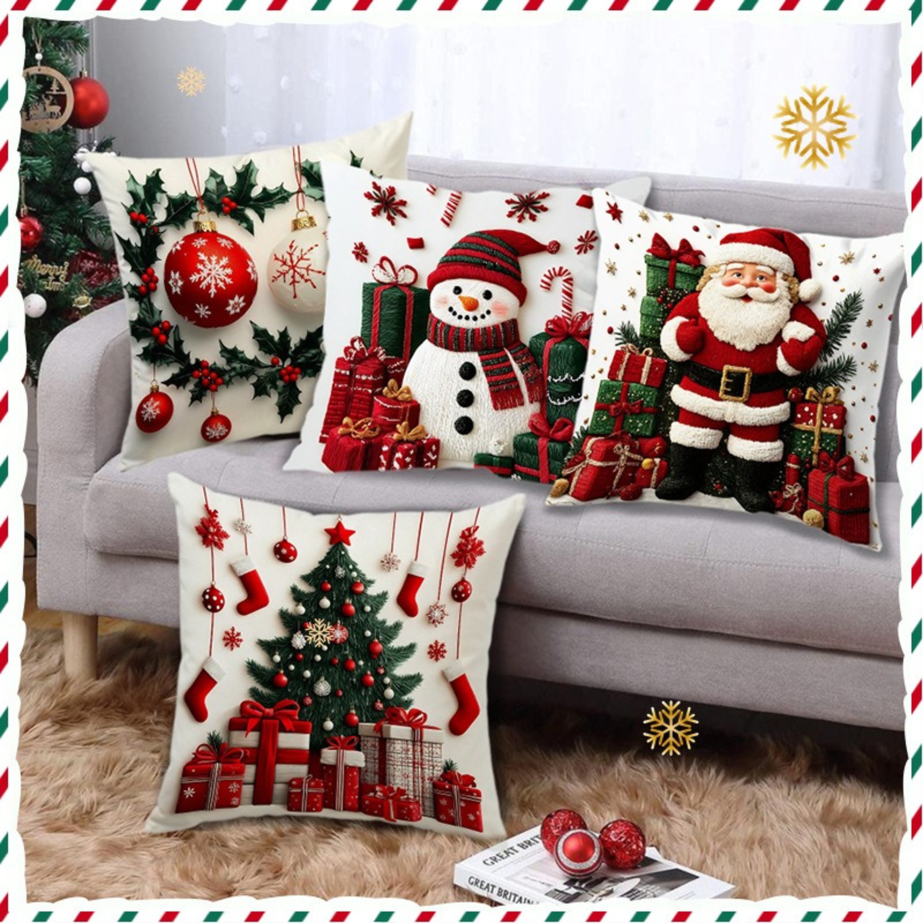 Snowman Print Linen Plush Throw Pillowcase Christmas Happy New Year Decor – view 1