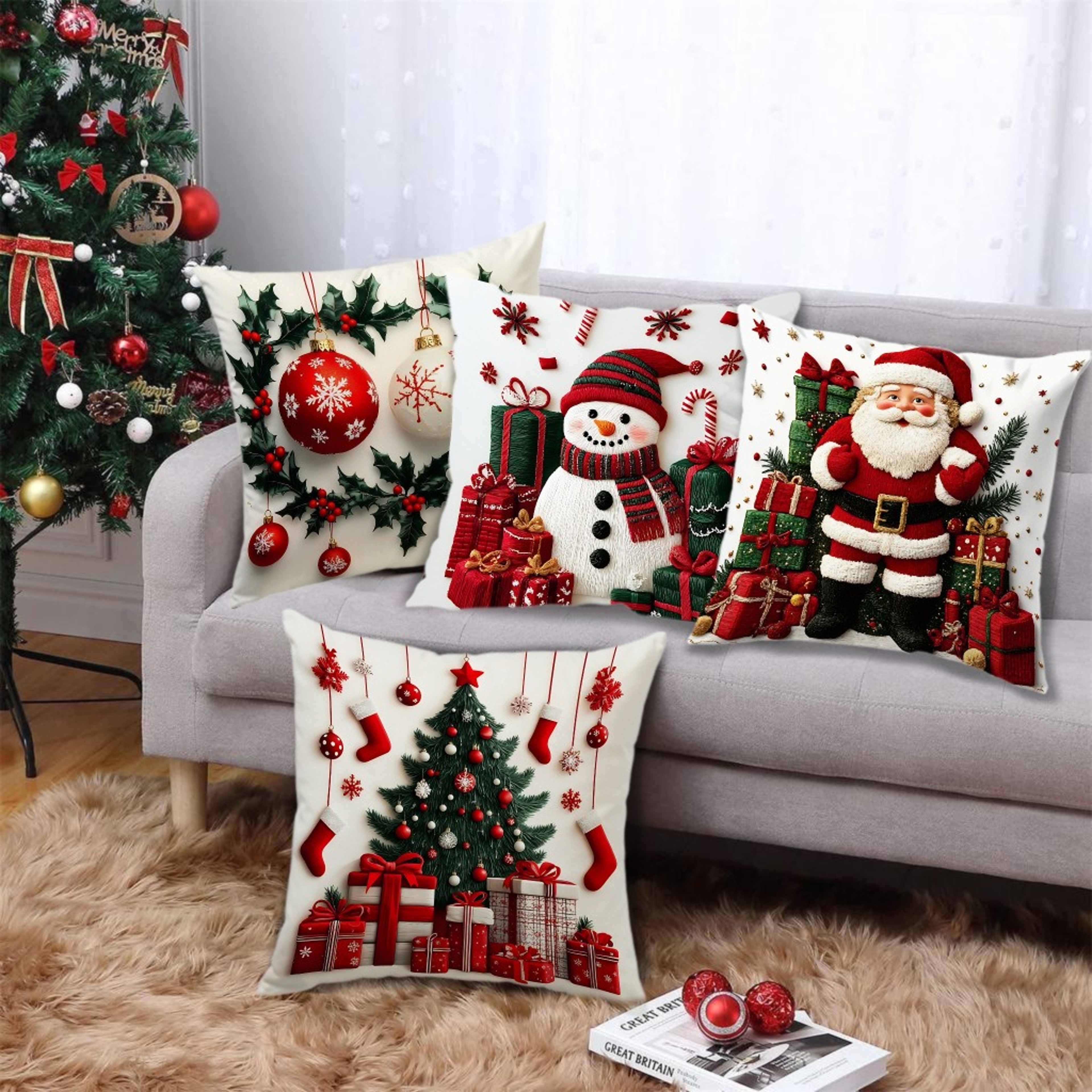 Snowman Print Linen Plush Throw Pillowcase Christmas Happy New Year Decor – view 4
