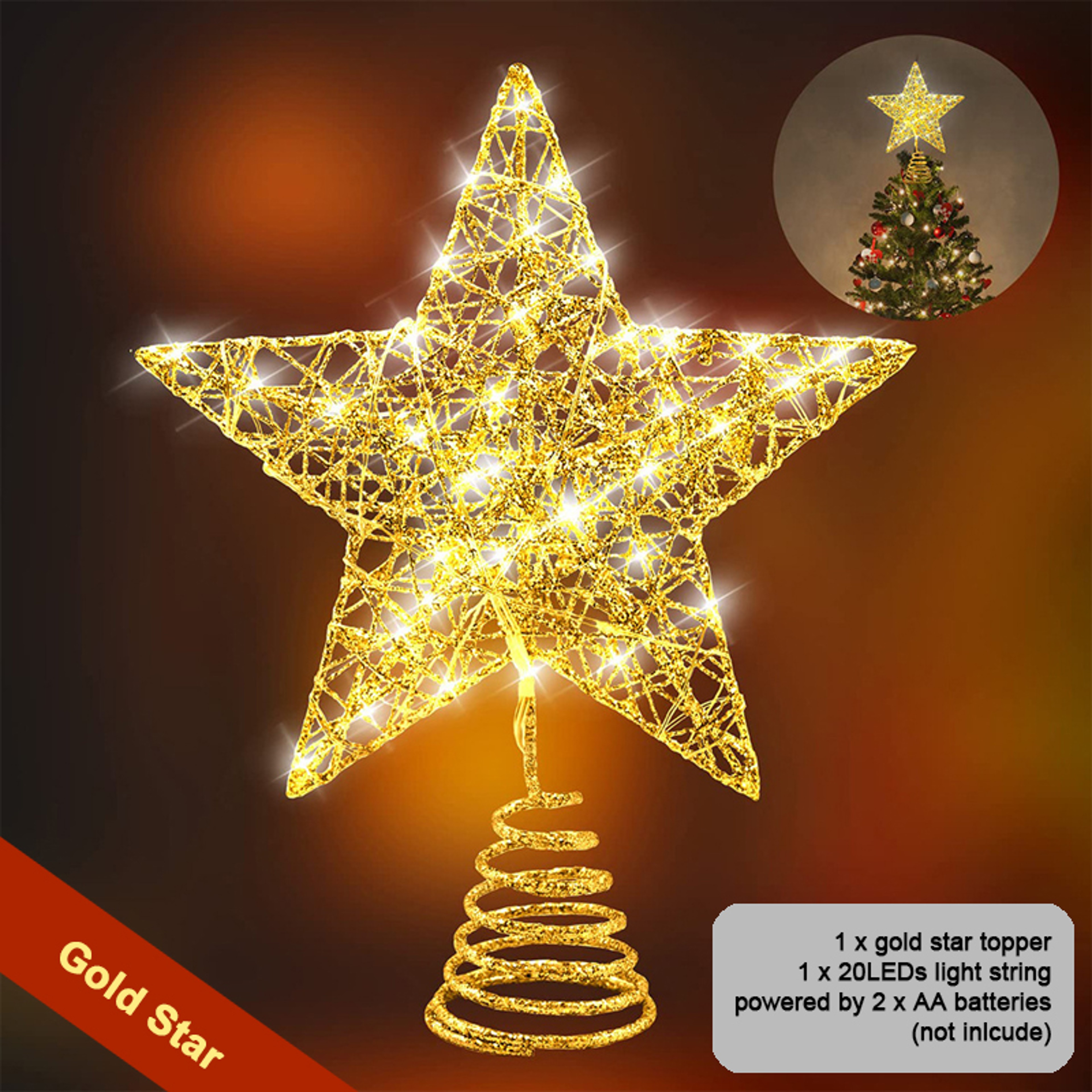 Star Tree Topper For Christmas With 20 LED Lights BatteryPowered Glitter Metal Decoration For Holid 1