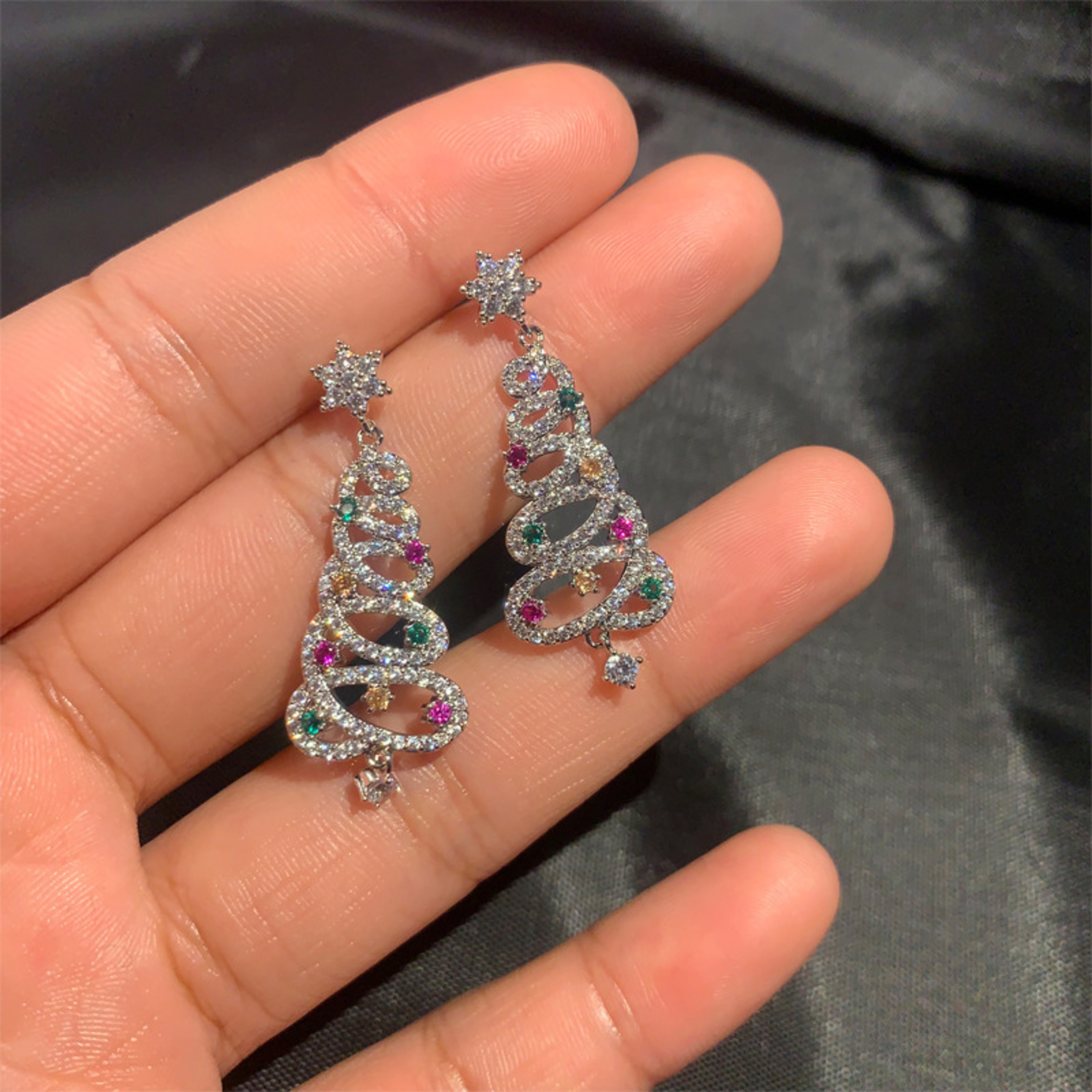 Colorful Rhinestone Star Xmas Tree Earrings for Women, Fashion Crystal Zircon Dangle Earrings, Party Jewelry for Girls – view 3