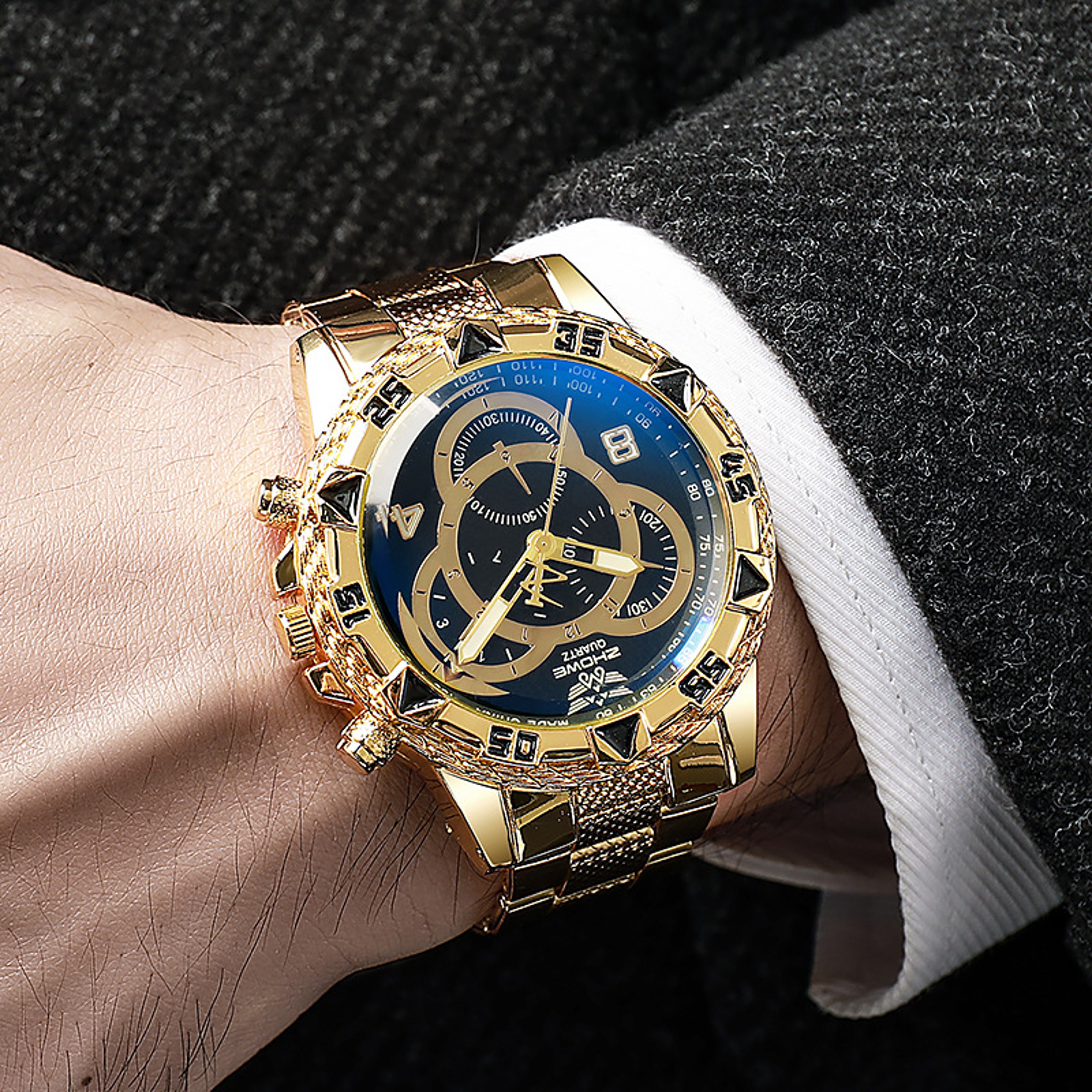 Mens Quartz Watch Classic Business Wristwatch Luxury Alloy Steel Strip Blue Light Large Dial Three  0