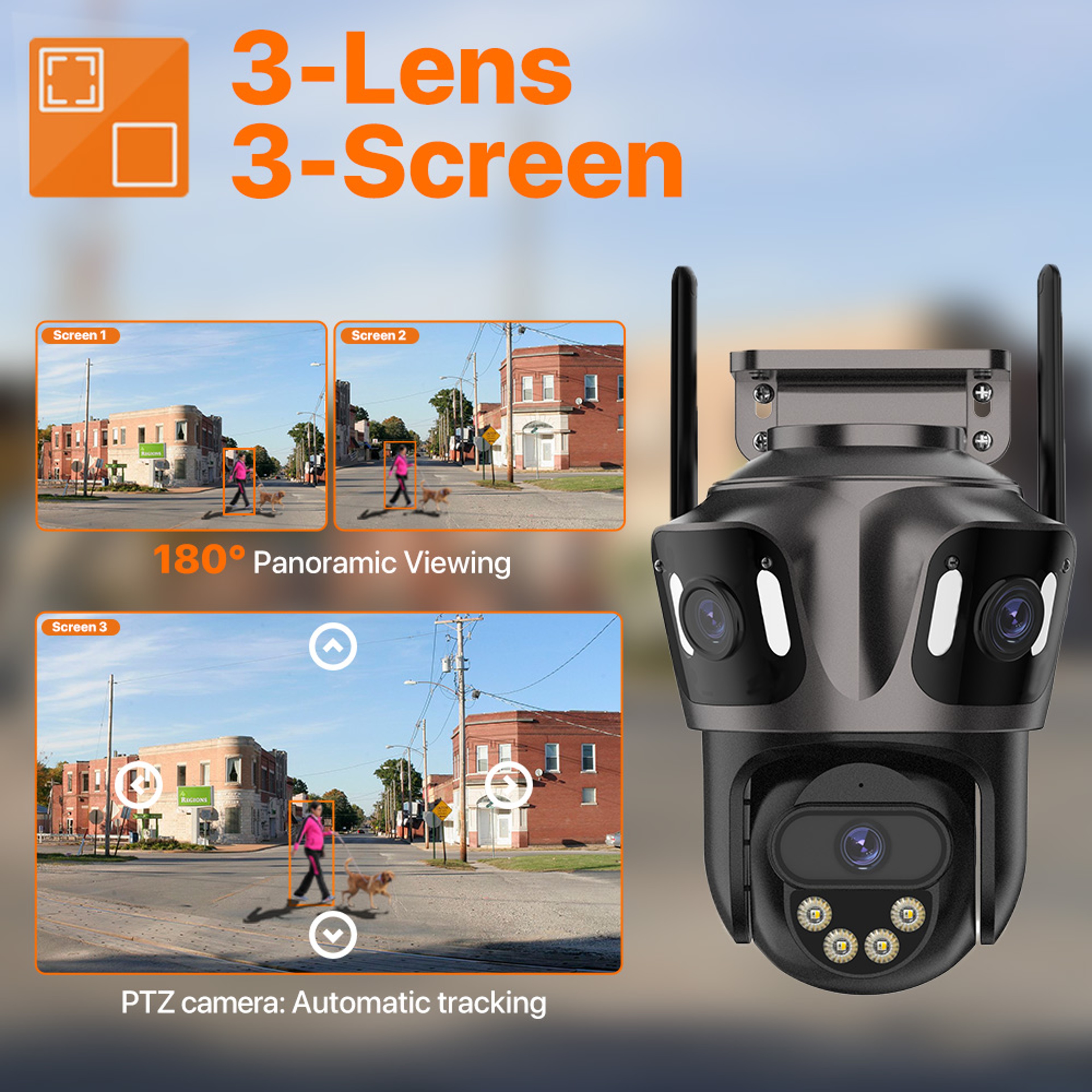 Outdoor Dual Lens PTZ Camera Three Screen WIFI IP Camera ICsee Video Security AI Human Detection 0