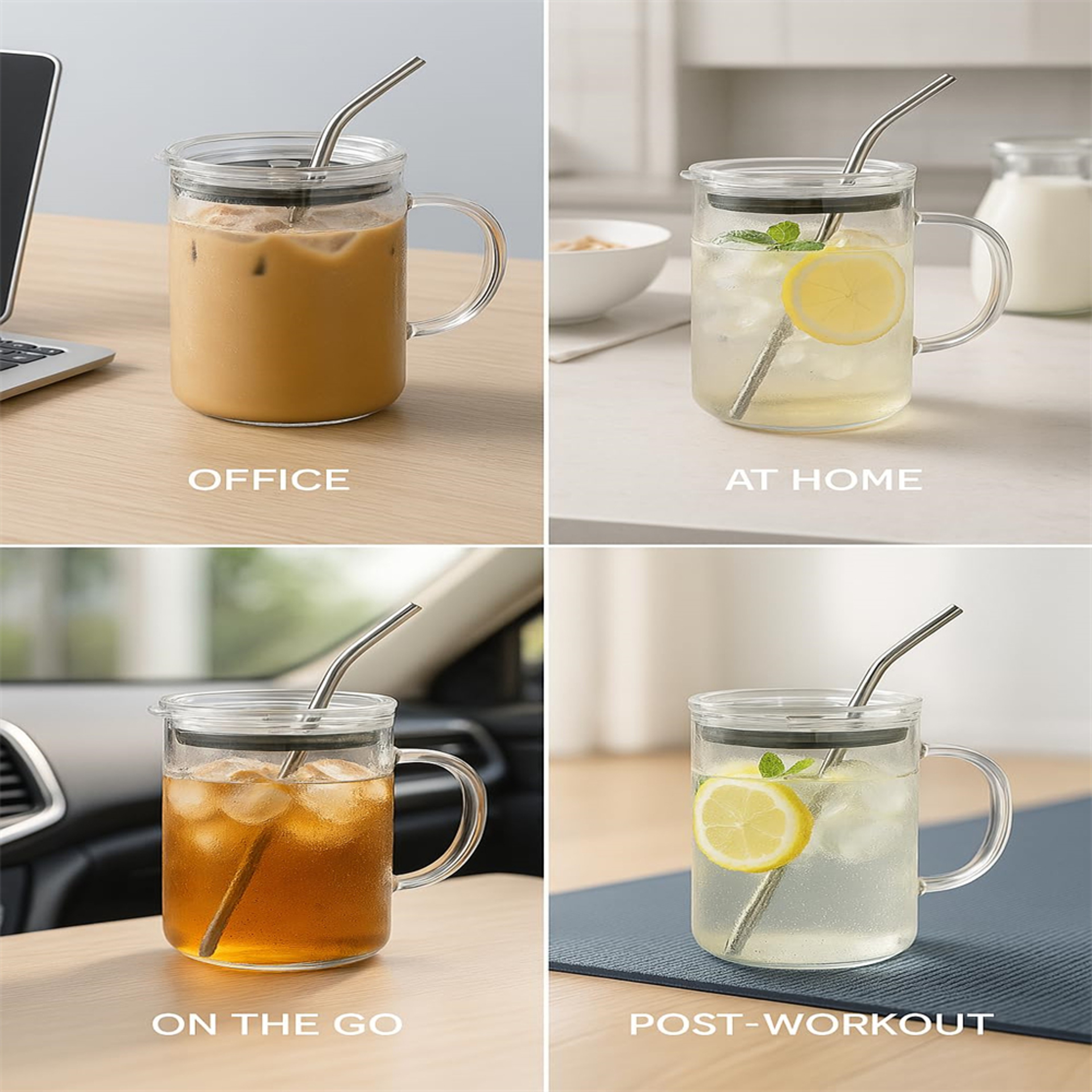 Reusable Glass Tumbler with Straw and Lid for Iced Coffee, Smoothies, Tea and Juice, Office Car Cup – view 5