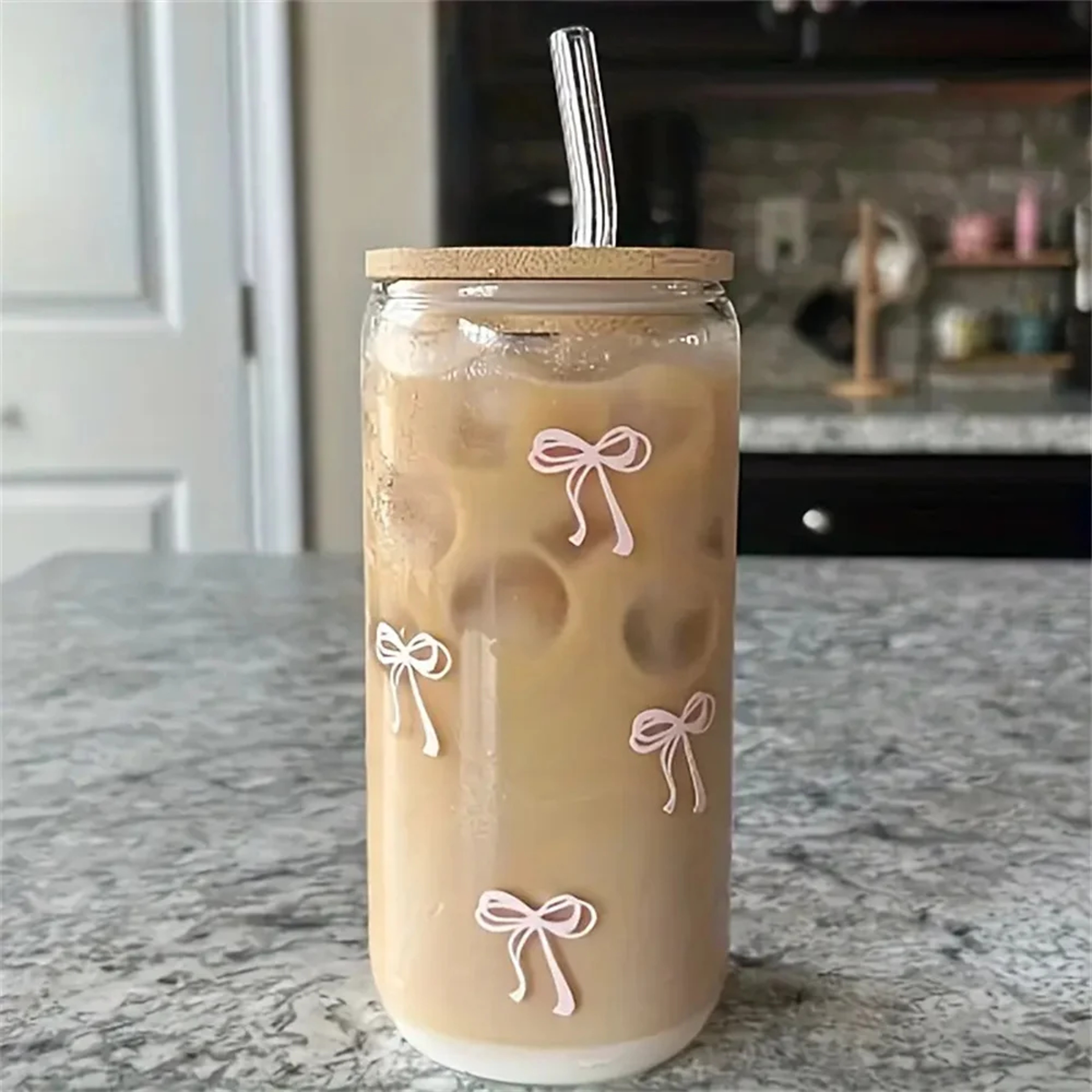 Cherry Bow Glass Tumbler Mason Jar Style Water Bottle With Lid Straw For Iced Coffee Juice 3