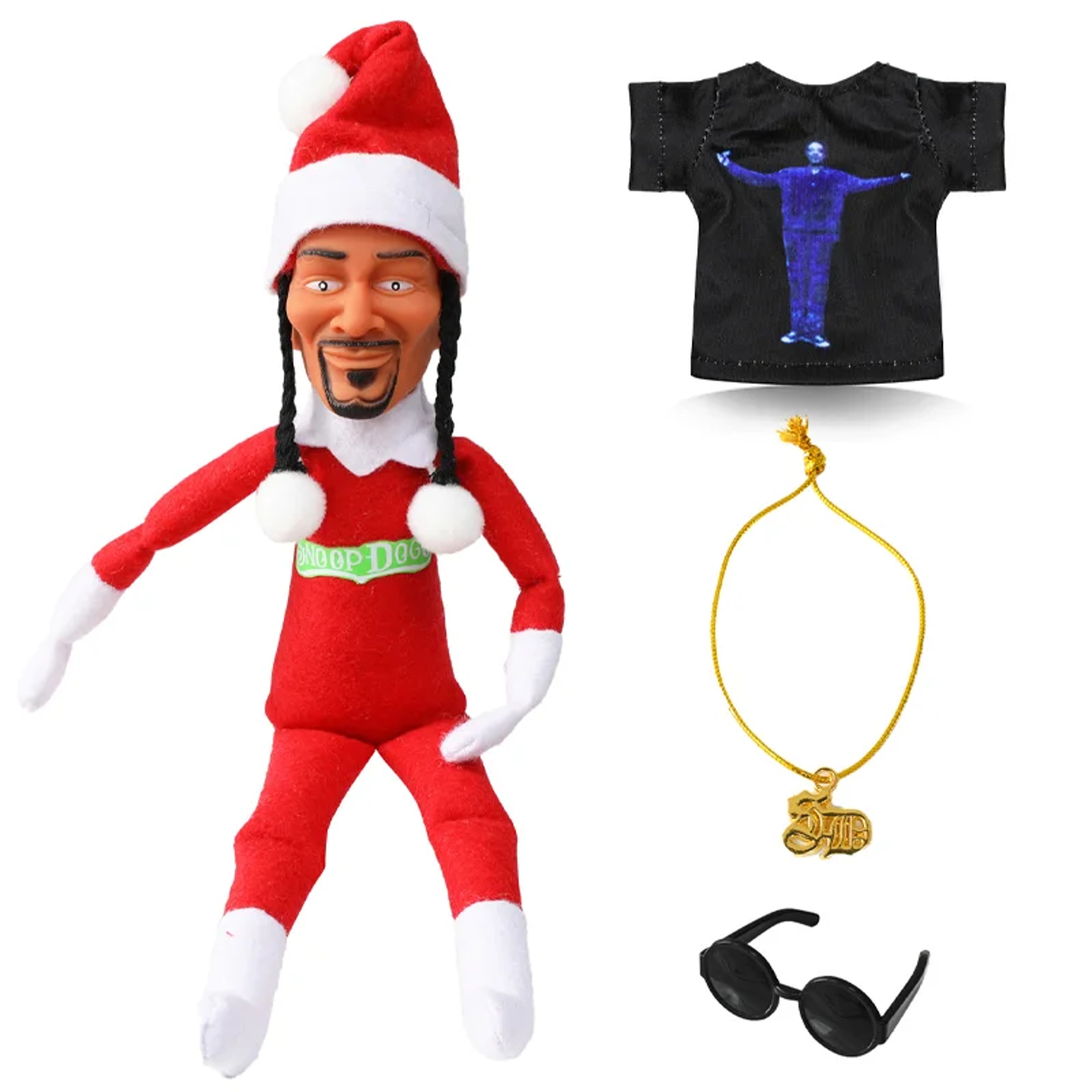 Snoop Dogg Christmas Elf Doll Plush Toy Includes Elf Tshirt Sunglasses  Necklace Perfect Shelf Deco 1