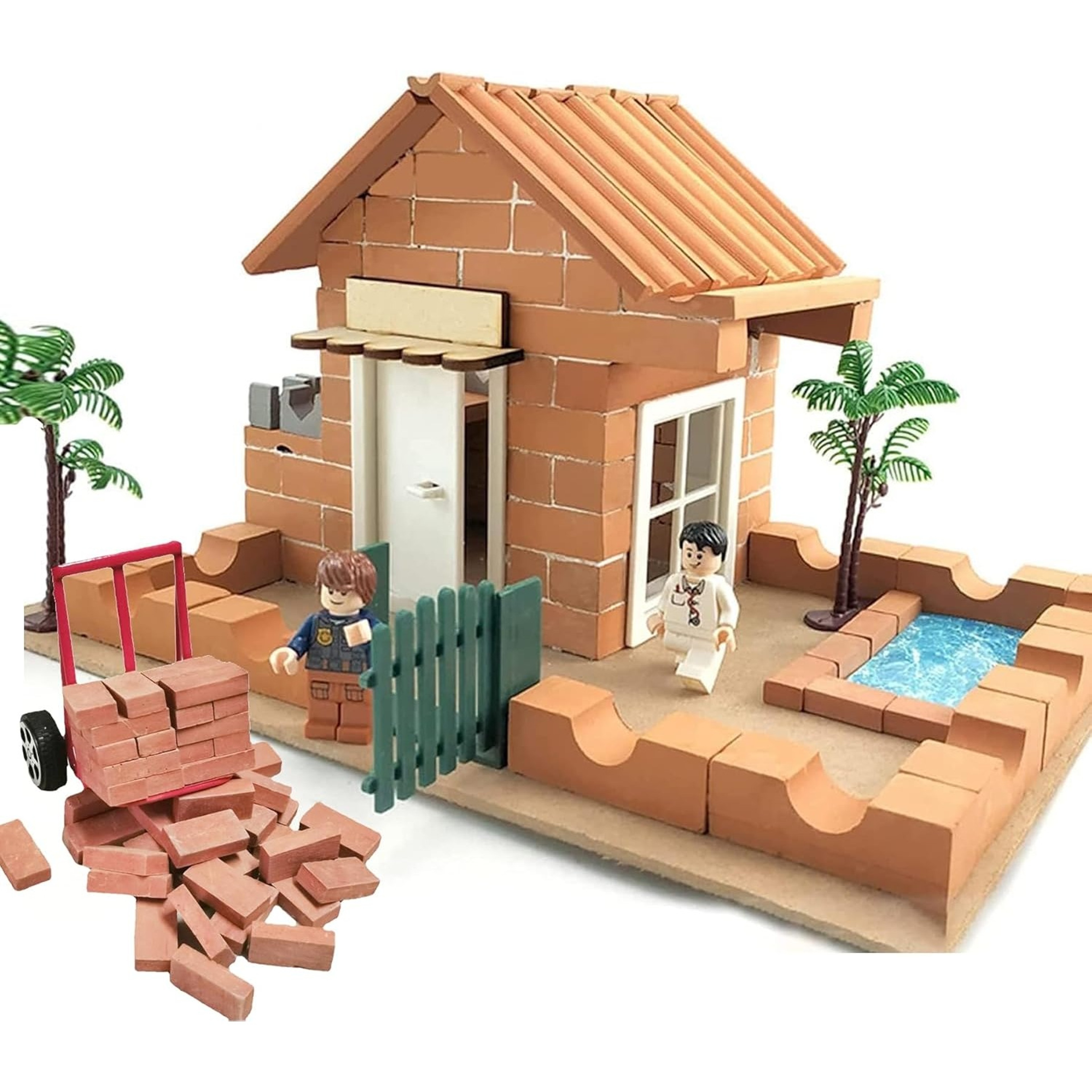 Miniature Brick Scale Model Set, Roof Tiles Wall Bricks, Dollhouse Building Grey/Red with Tools – view 4