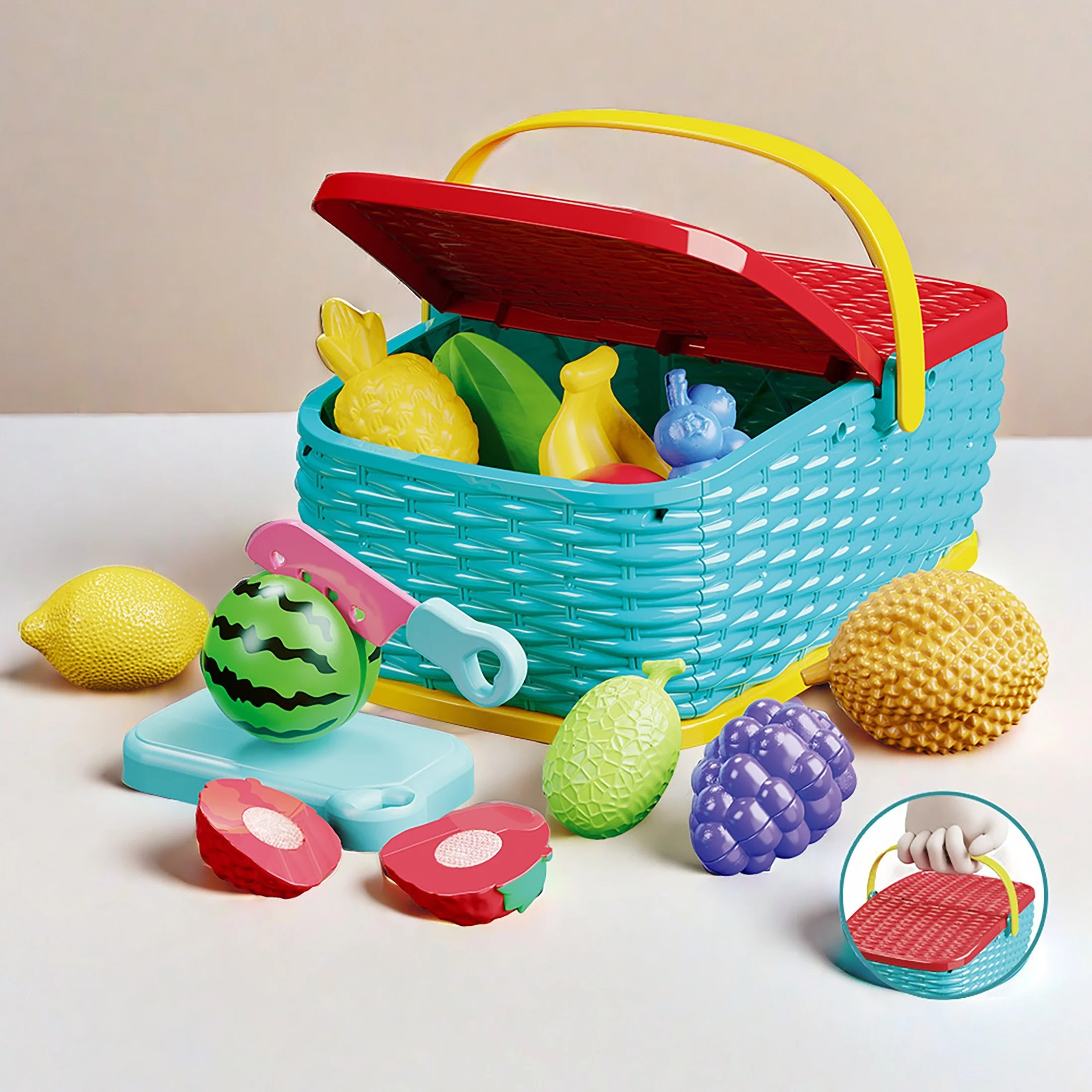 Kids Pretend Play Kitchen Food Set With Cutting Fruits Picnic Basket  Cooking Accessories 0