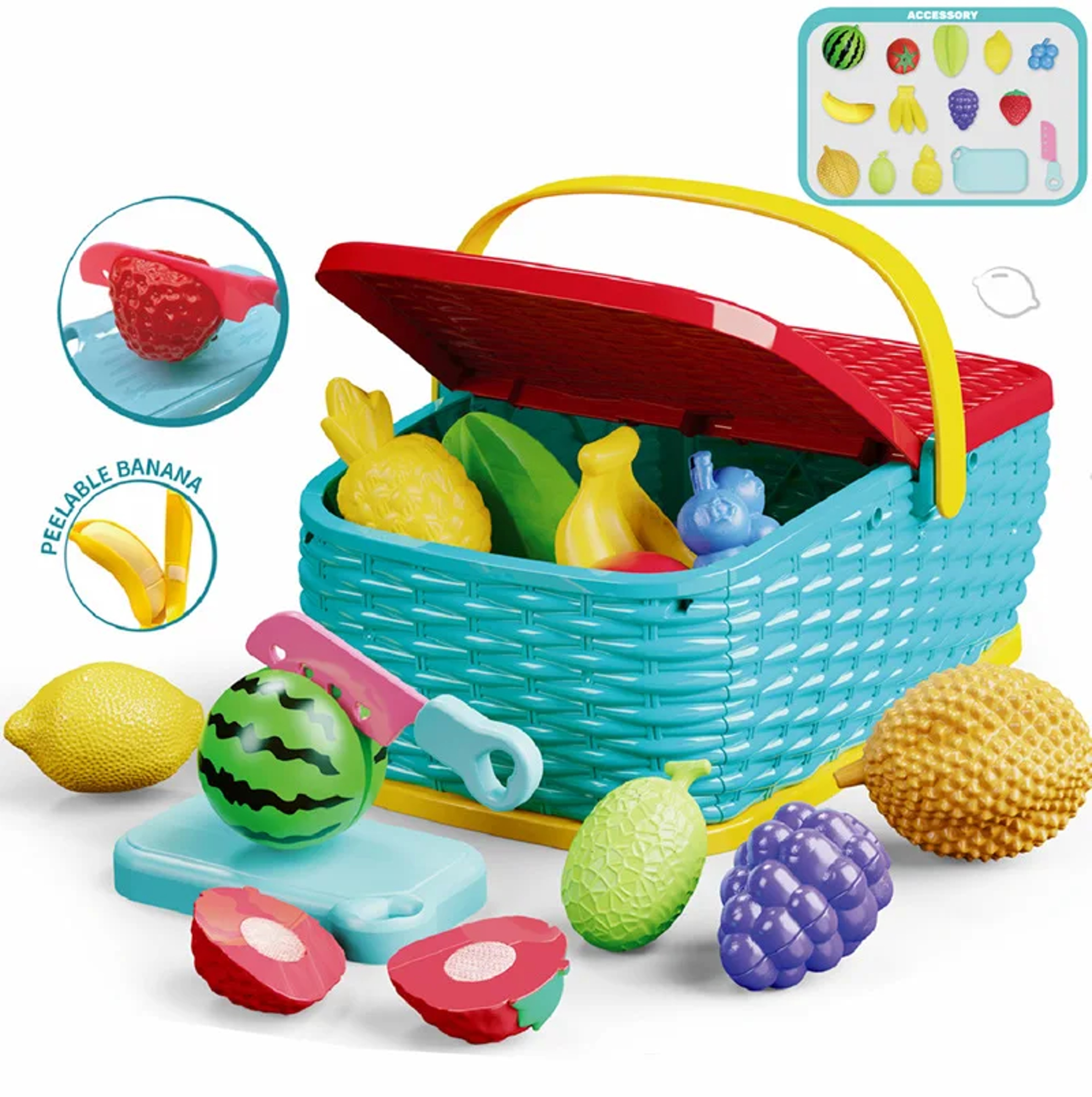 Kids Pretend Play Kitchen Food Set With Cutting Fruits Picnic Basket  Cooking Accessories 6
