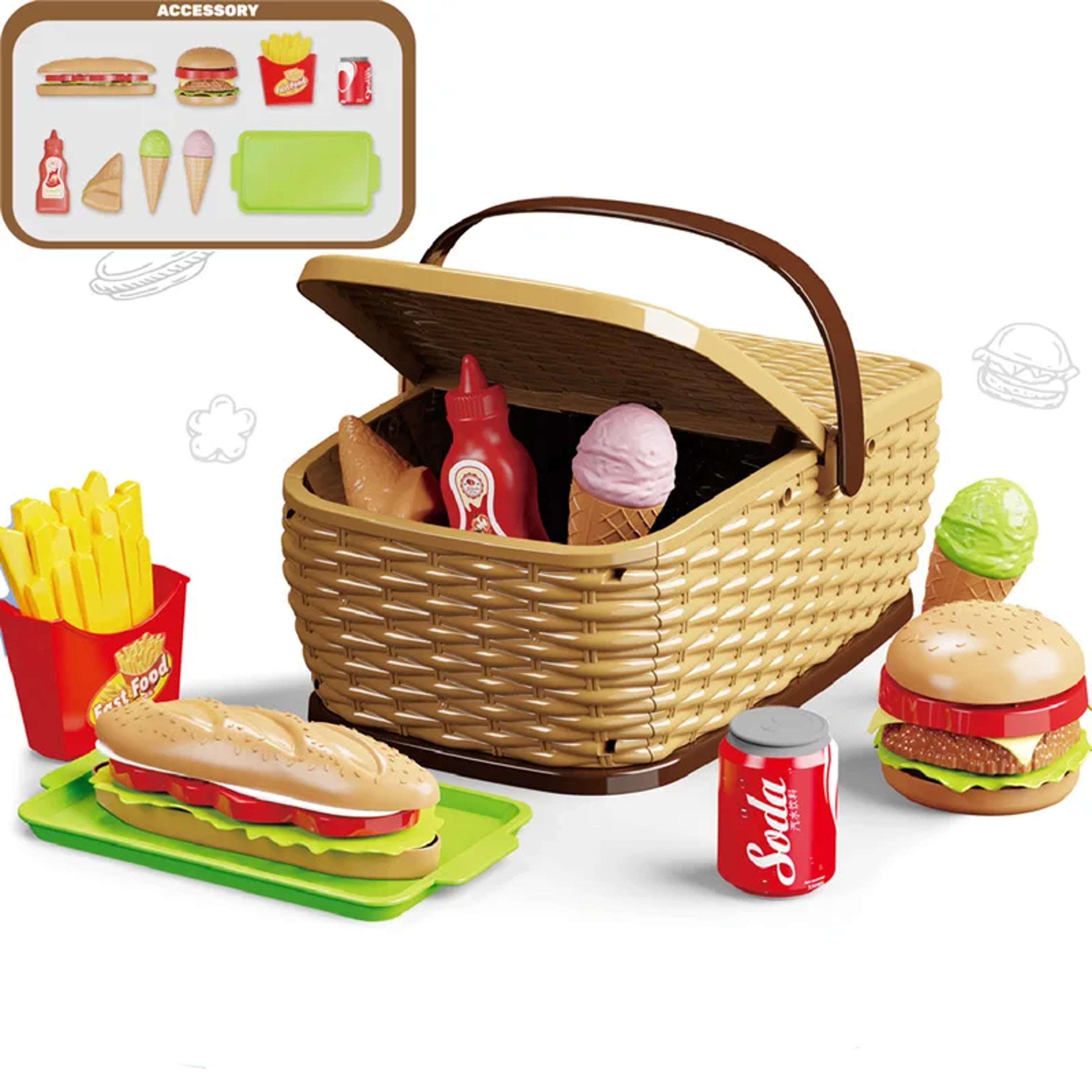 Kids Pretend Play Kitchen Food Set With Cutting Fruits Picnic Basket  Cooking Accessories 8
