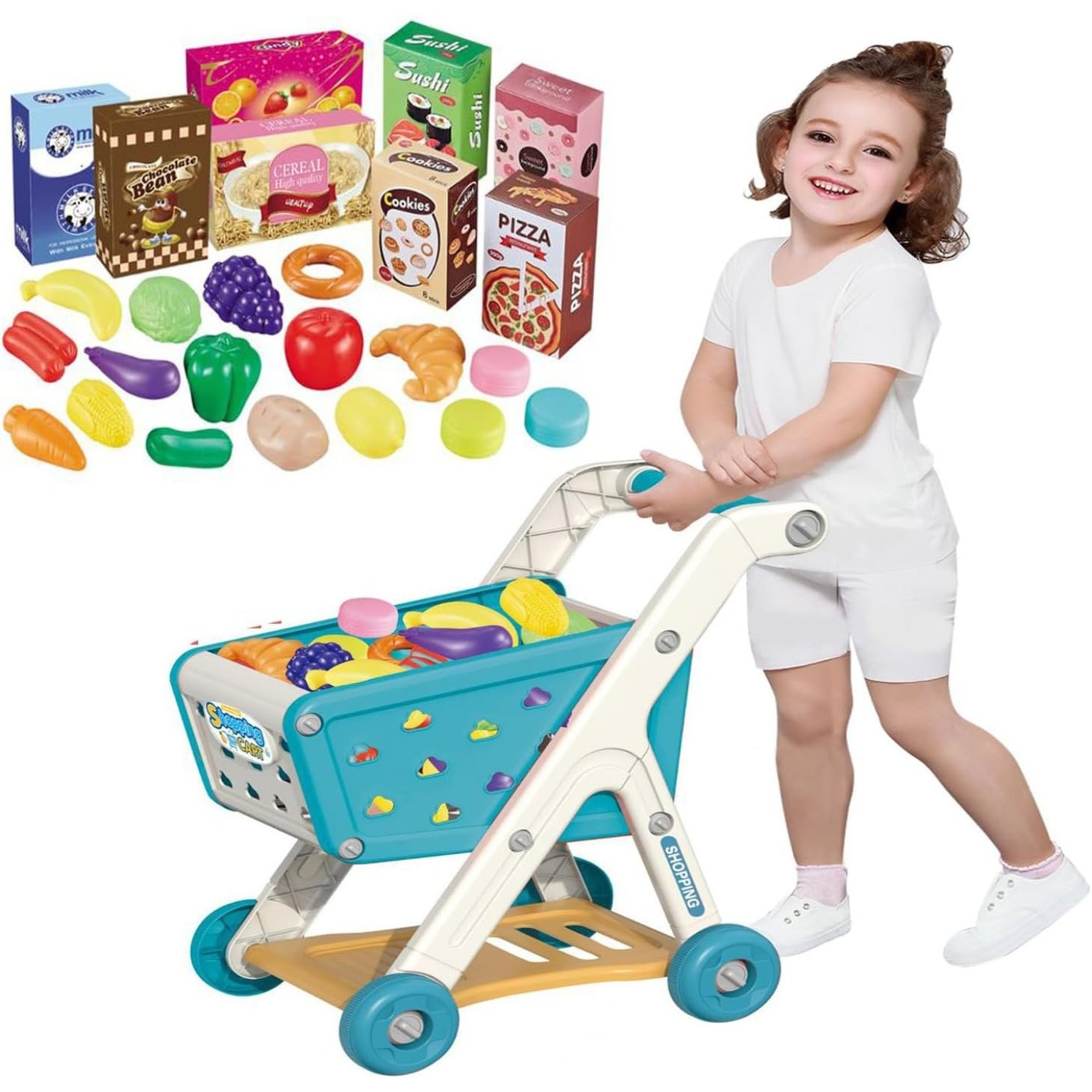 Toddler Shopping Cart Trolley Playset, Educational Toy with Food, Fruits, and Vegetables for Kids – view 1