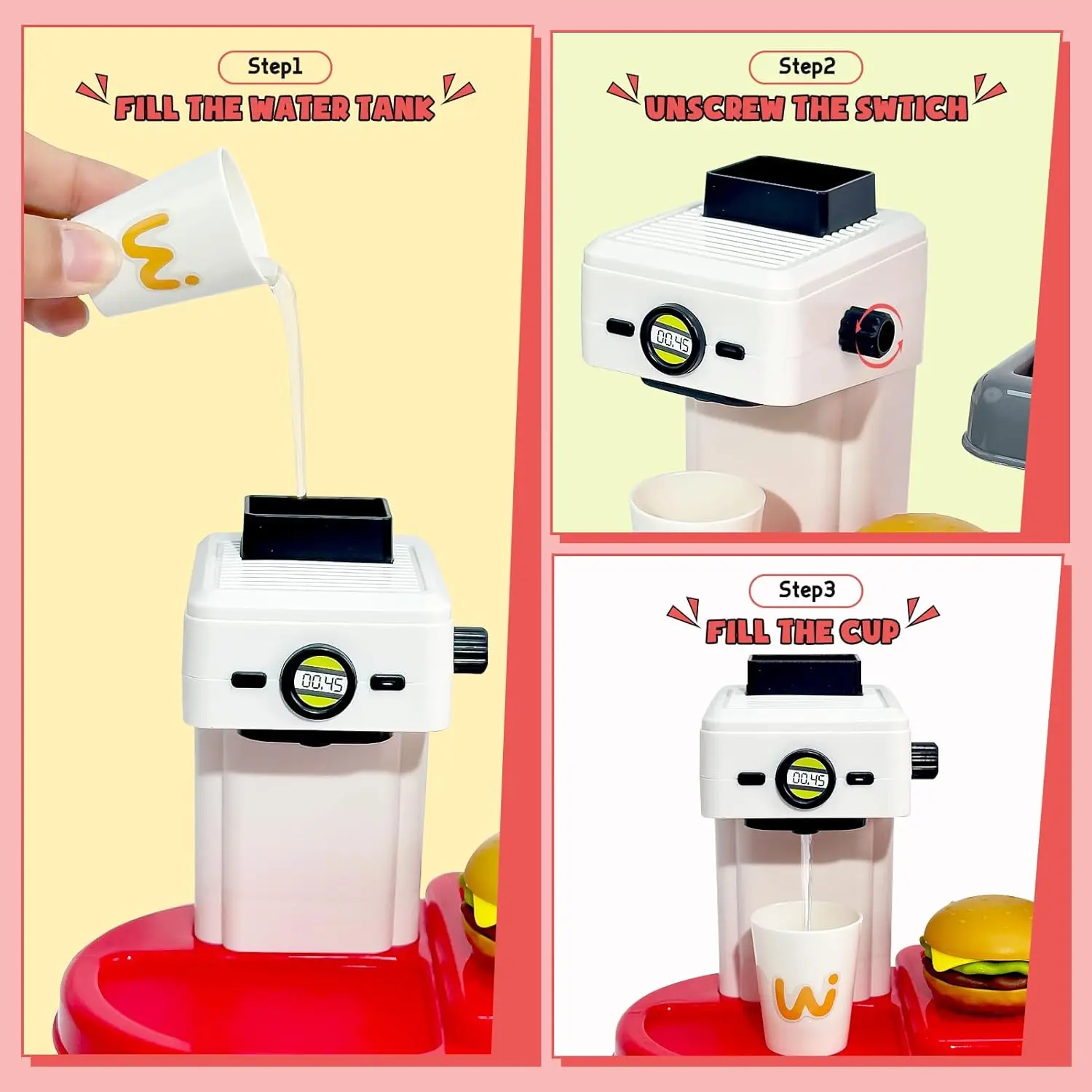 Realistic Food Sets for Toddlers, Pretend Play Fast Food Toys, Cash Register Toys, Hamburger Sandwich Water Dispen – view 2