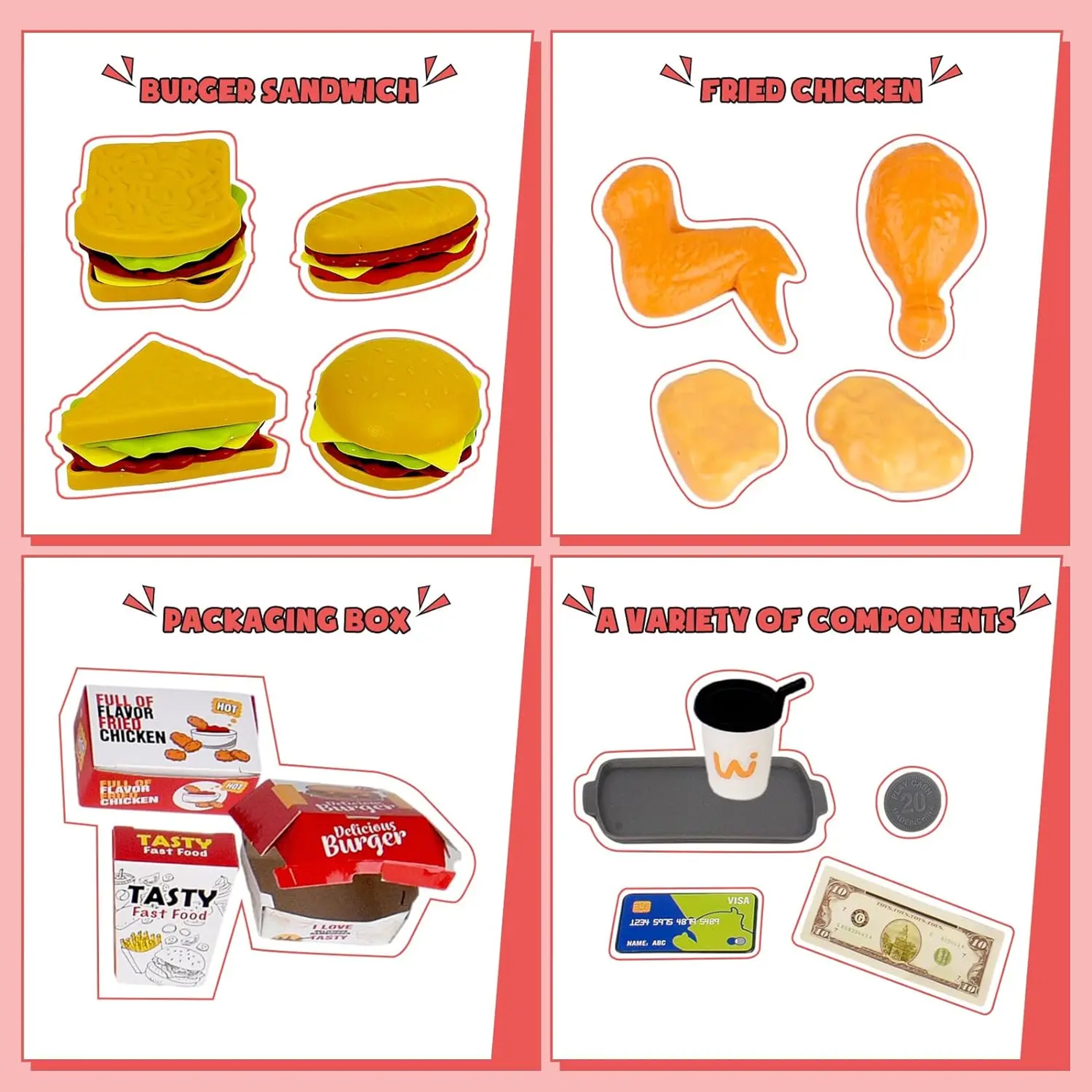 Realistic Food Sets for Toddlers, Pretend Play Fast Food Toys, Cash Register Toys, Hamburger Sandwich Water Dispen – view 4