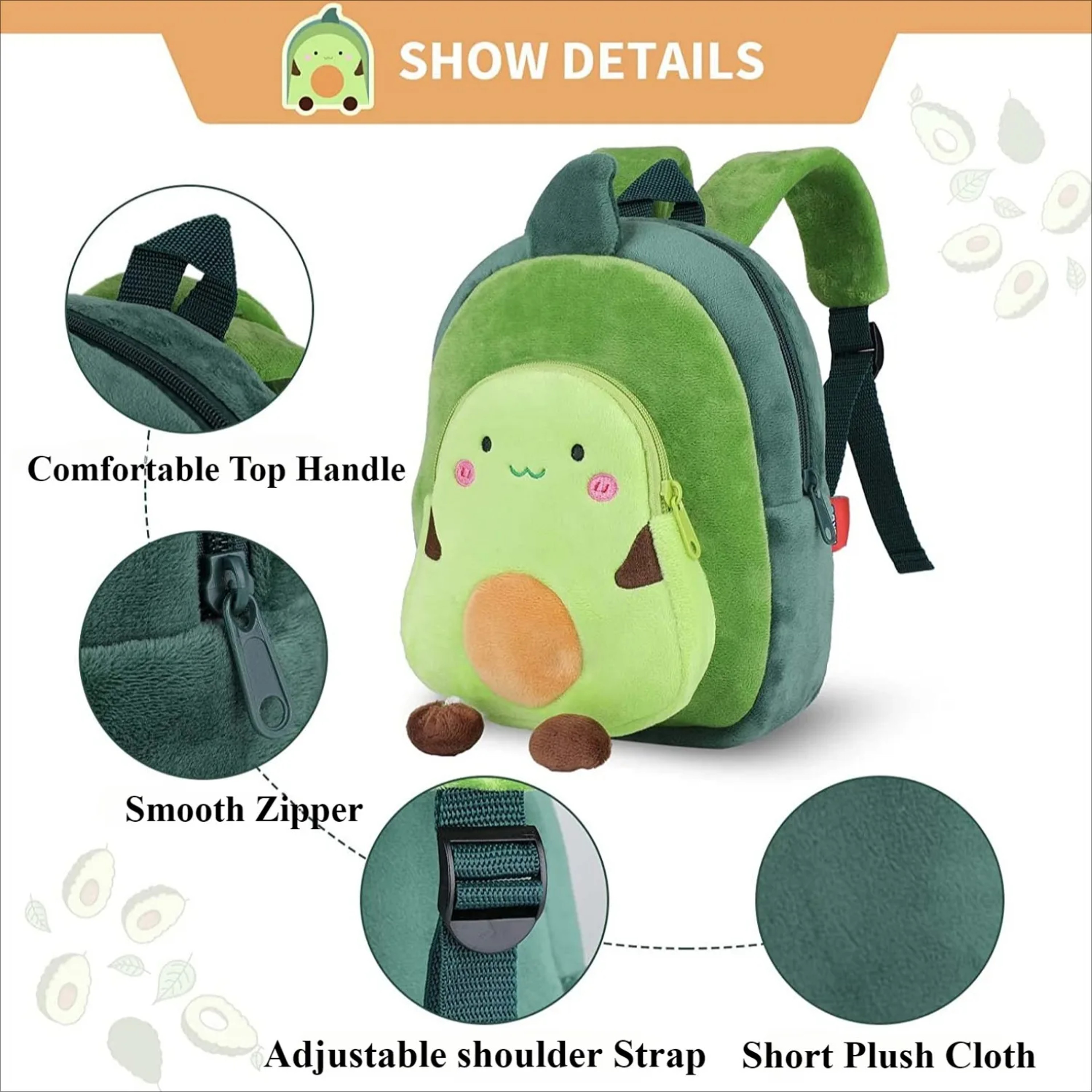Mini Plushie Avocado Pumpkin Strawberry Backpack, Cute Cartoon Toddlers Schoolbag for Kids, Kindergarten Bookbag – view 2