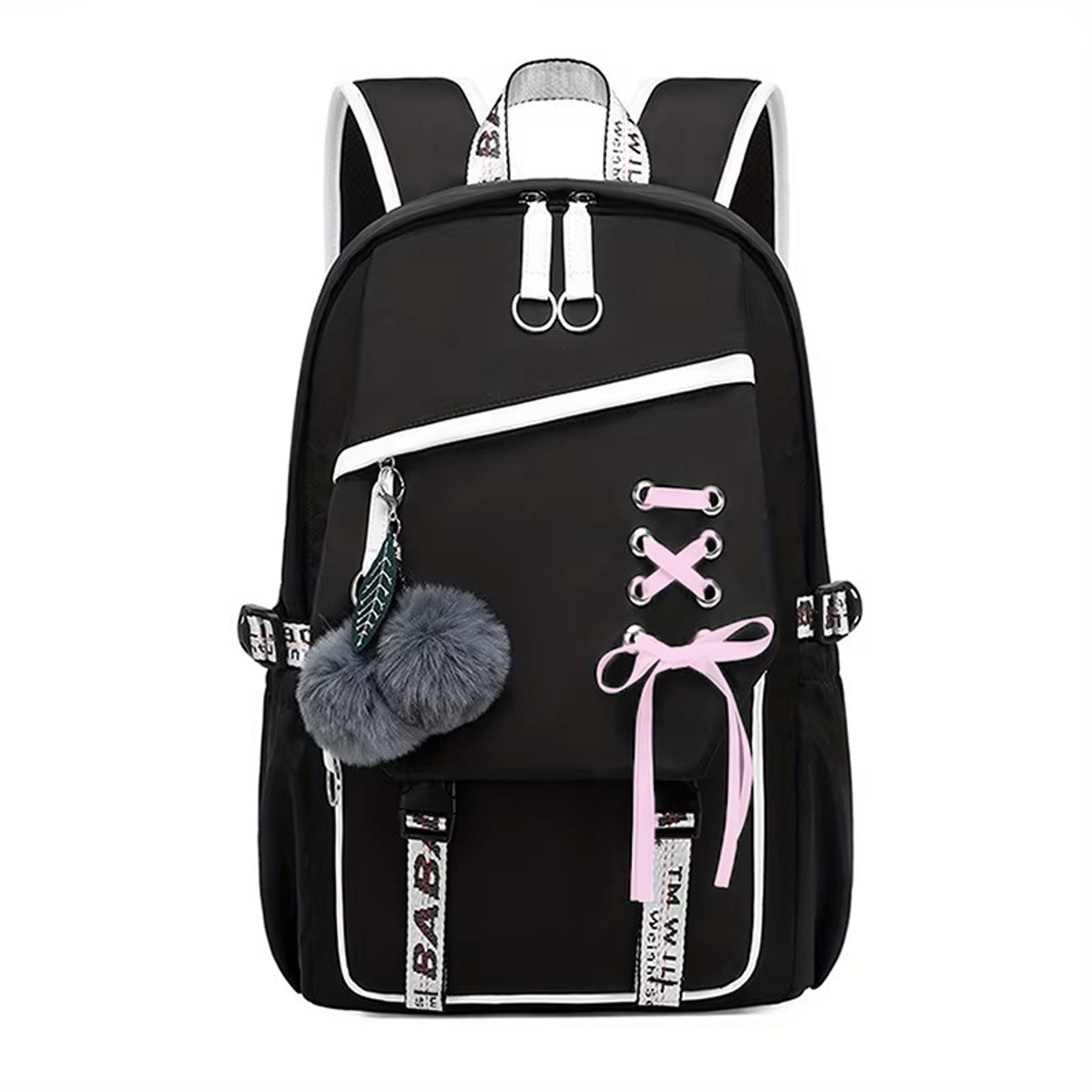Cute Girls Backpack, Large Capacity Schoolbag with Plush Pendant, Waterproof Nylon Fabric Bookbag for Teens, Kids, Stude – view 7