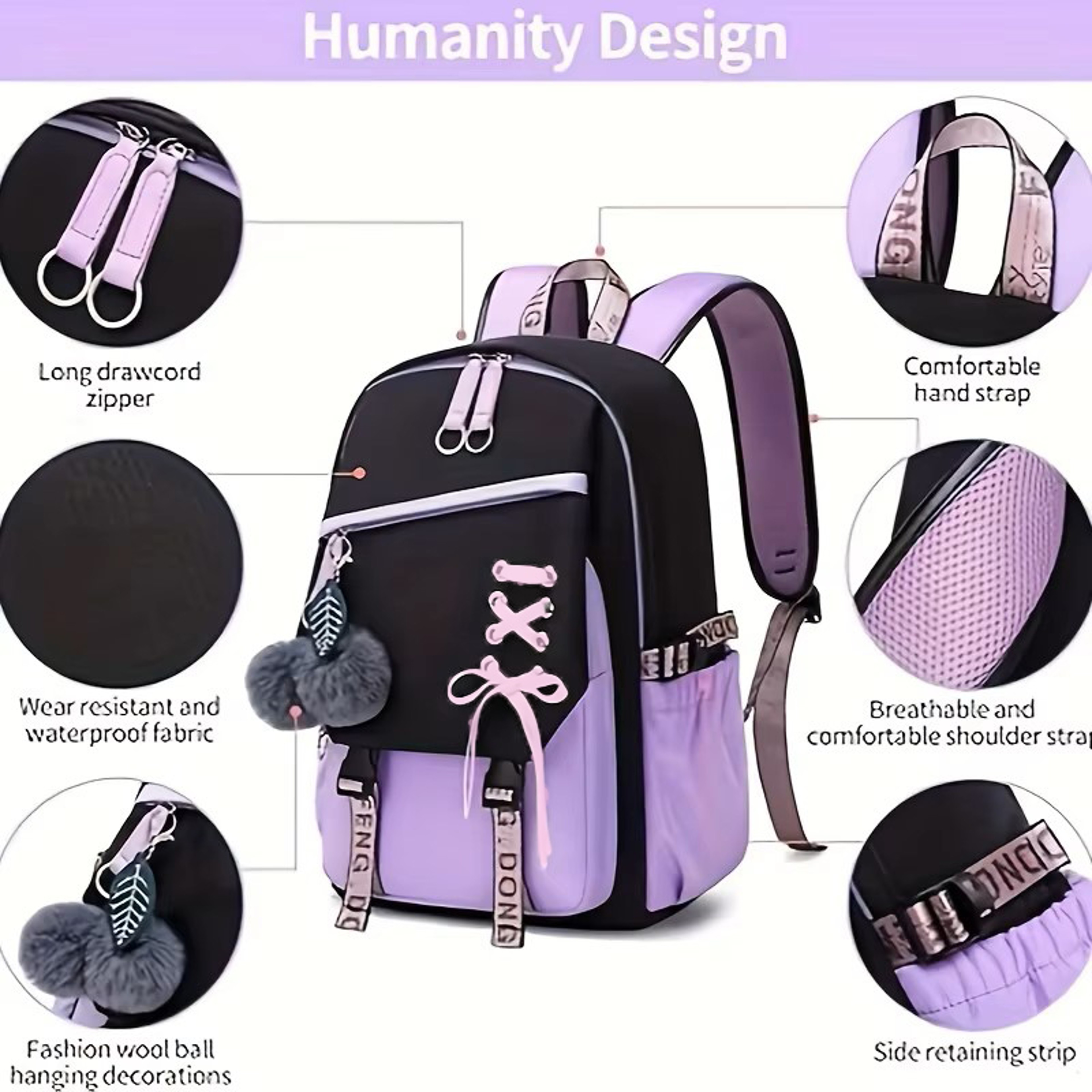 Cute Girls Backpack, Large Capacity Schoolbag with Plush Pendant, Waterproof Nylon Fabric Bookbag for Teens, Kids, Stude – view 6