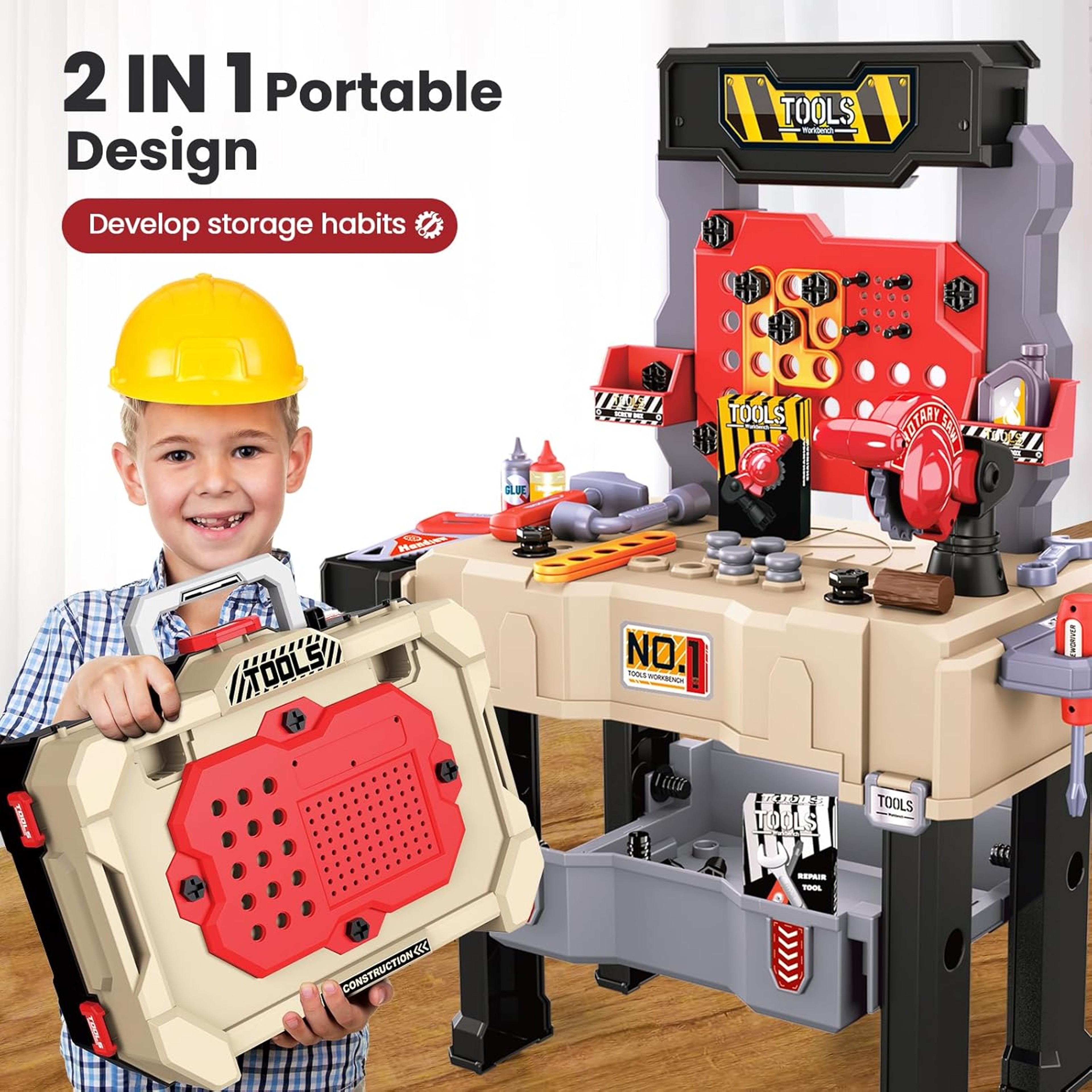 Kids Tool Bench Set, Large Construction Workbench with Saw, Screw Miter, Pretend Play Toys for Boys & Girls – view 1