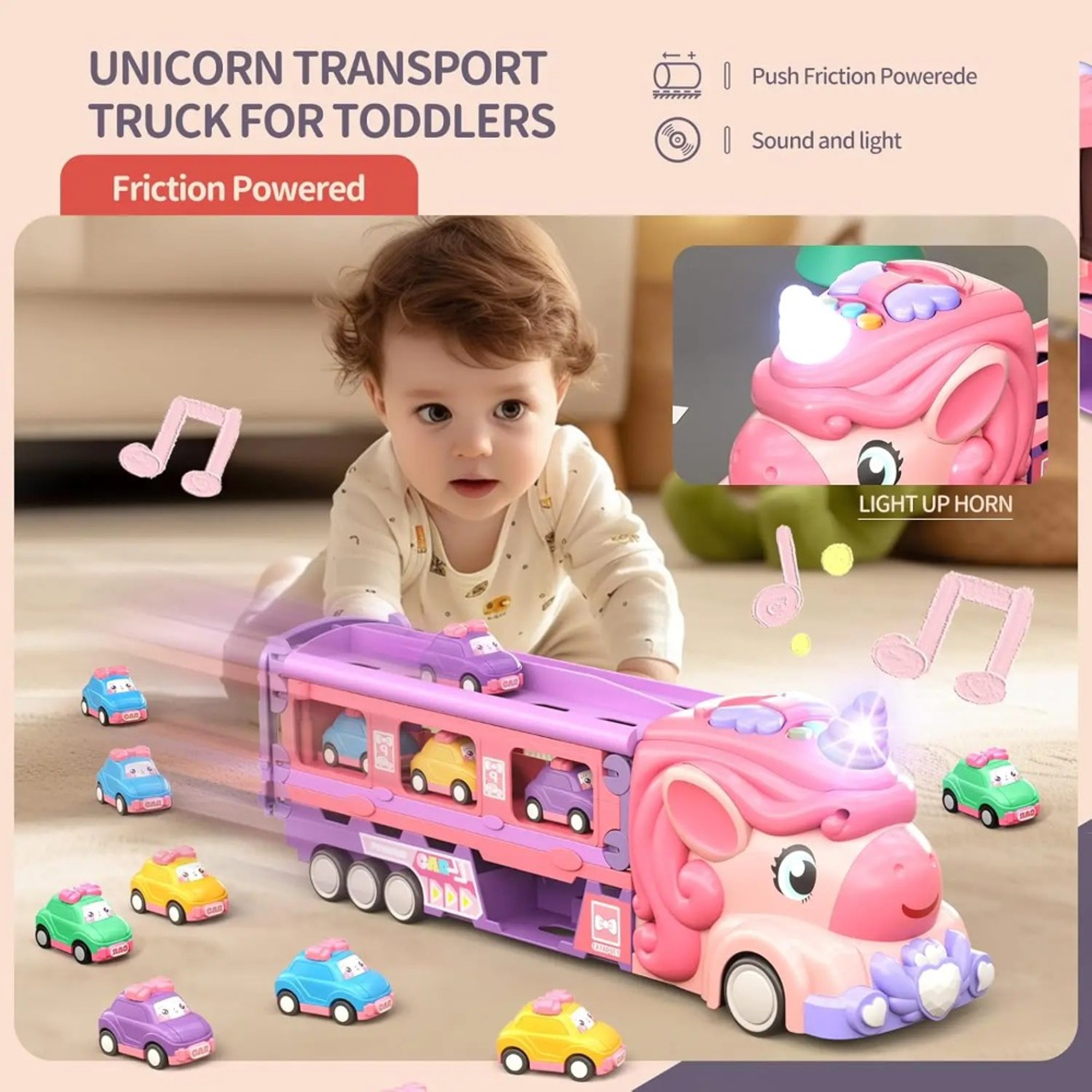 Unicorn Truck Car Toys for Toddler Girl, Foldable Race Track with Light & Sound, Friction Power Princess Car Gift for – view 3