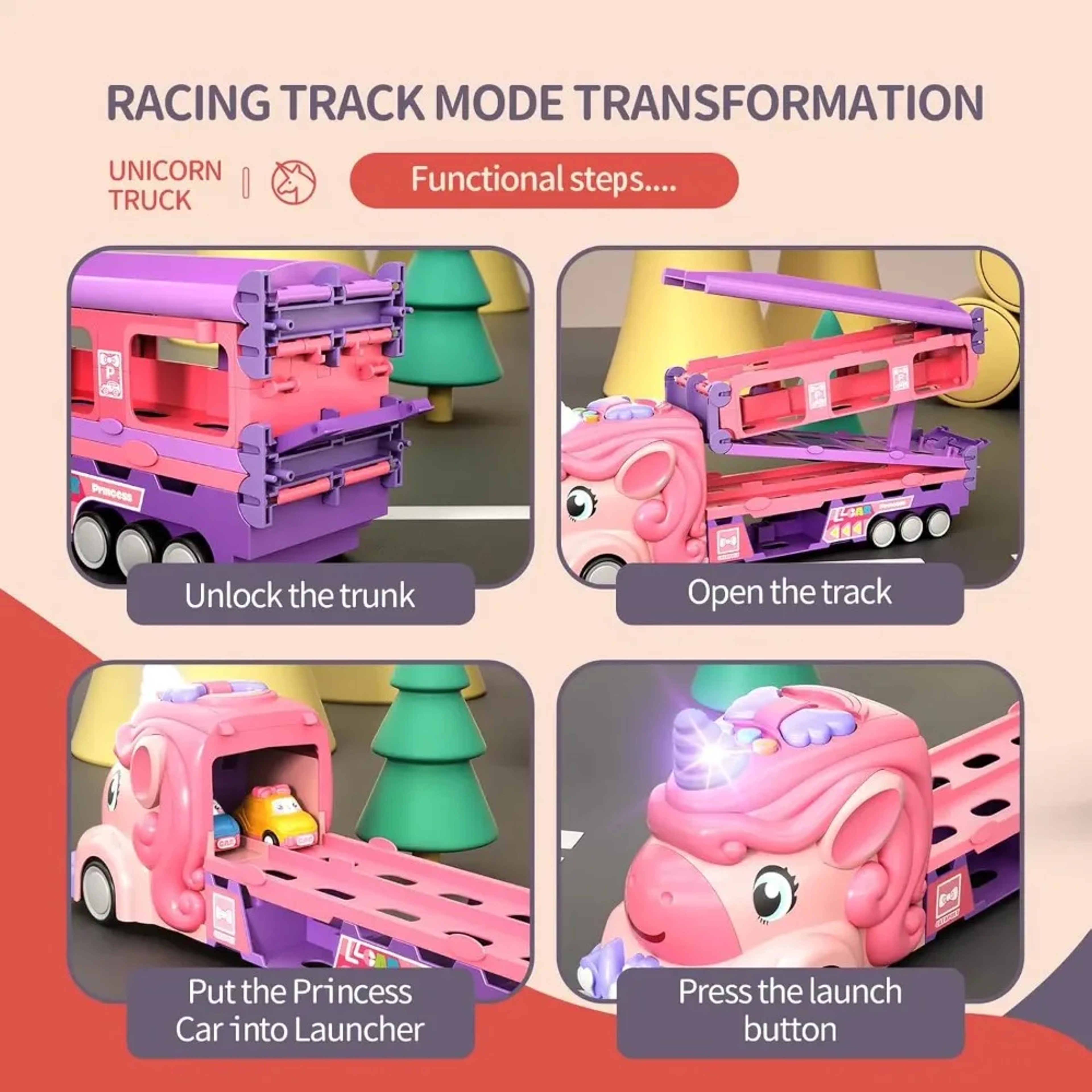 Unicorn Truck Car Toys for Toddler Girl, Foldable Race Track with Light & Sound, Friction Power Princess Car Gift for – view 5