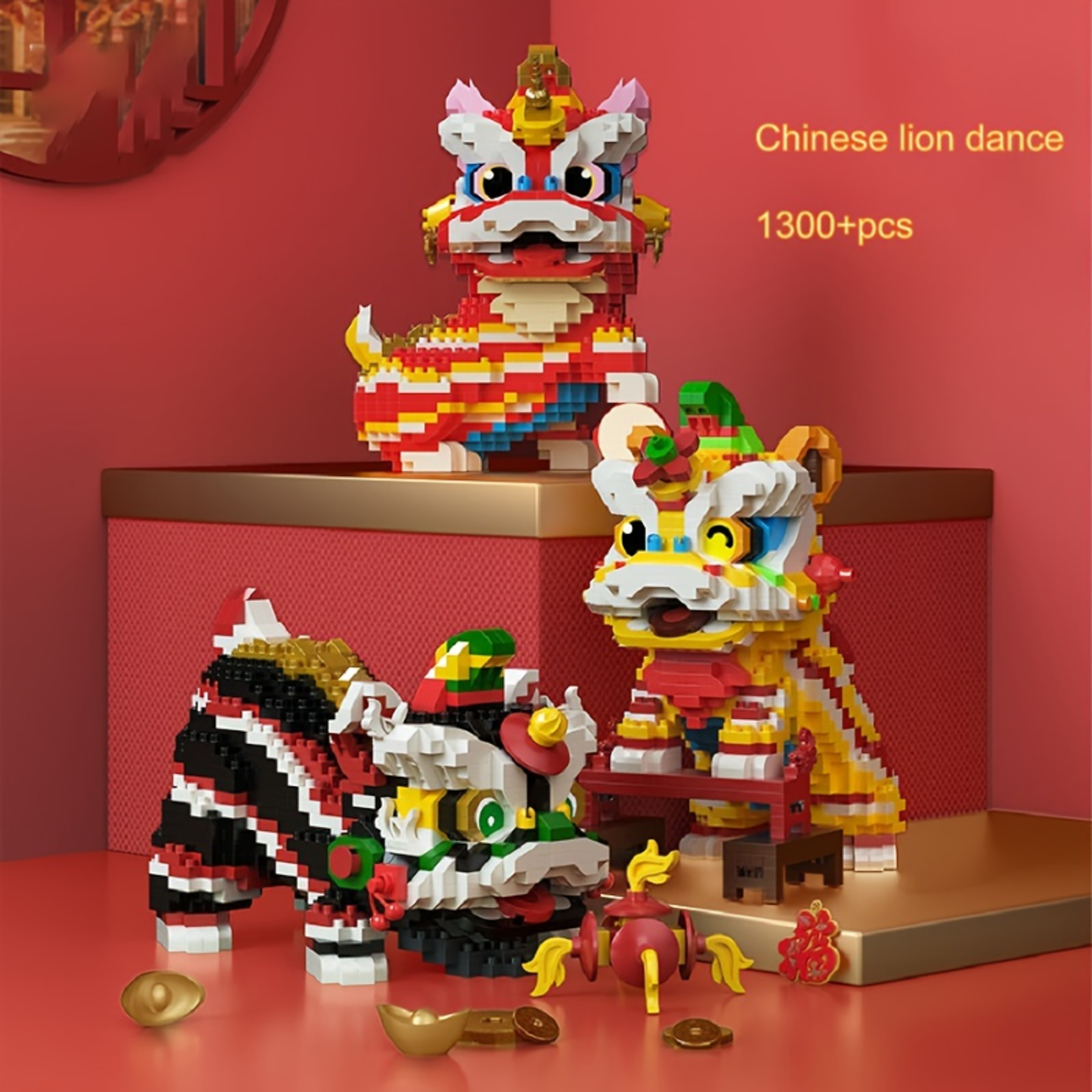 Chinese Style Lion Dance Ornaments Toy, Creative Building Blocks Small Particle Assembled Toys – view 1