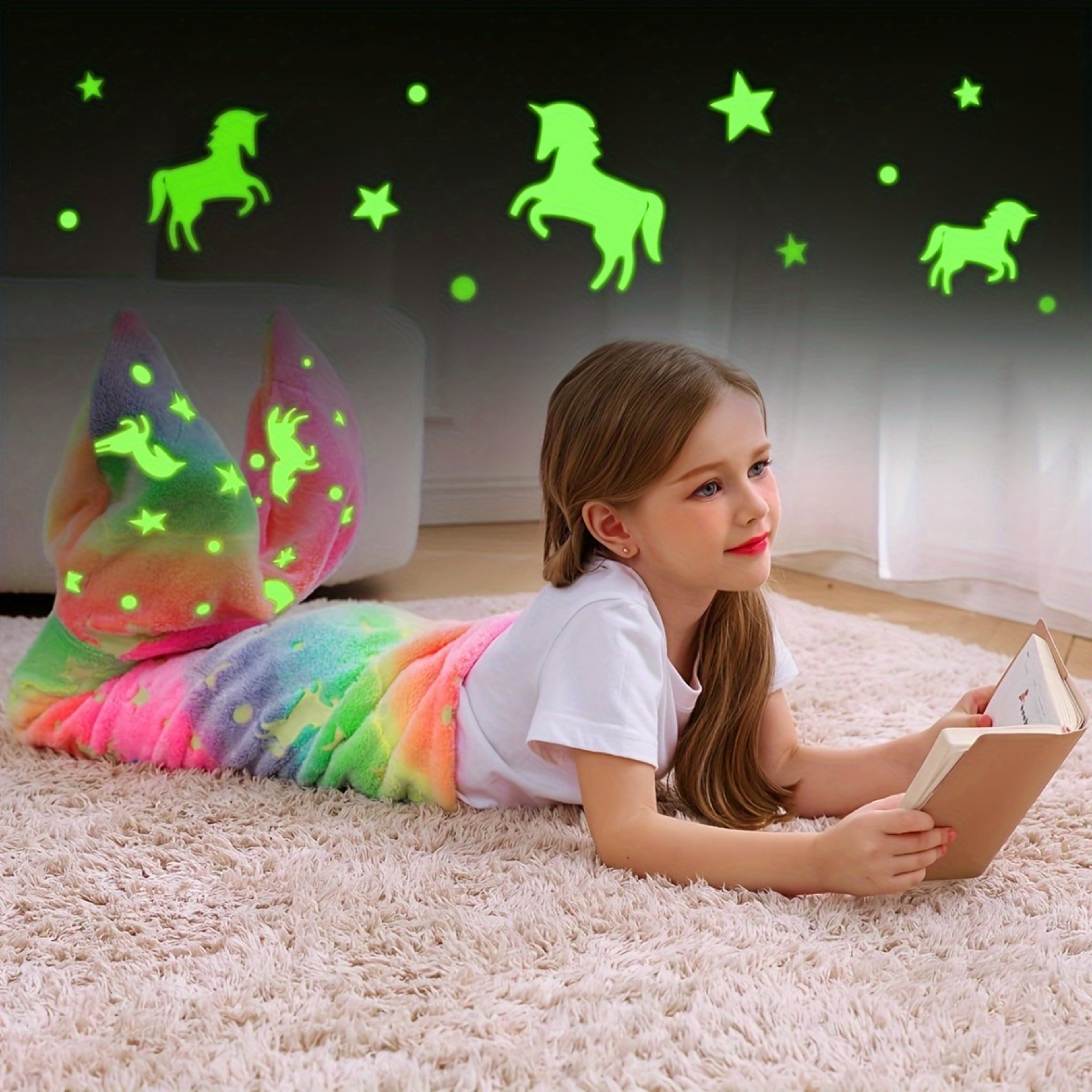 Glow in The Dark Unicorn Mermaid Tail Blanket, Cartoon Rainbow Flannel Blanket for Girls, Super Soft Gift – view 6