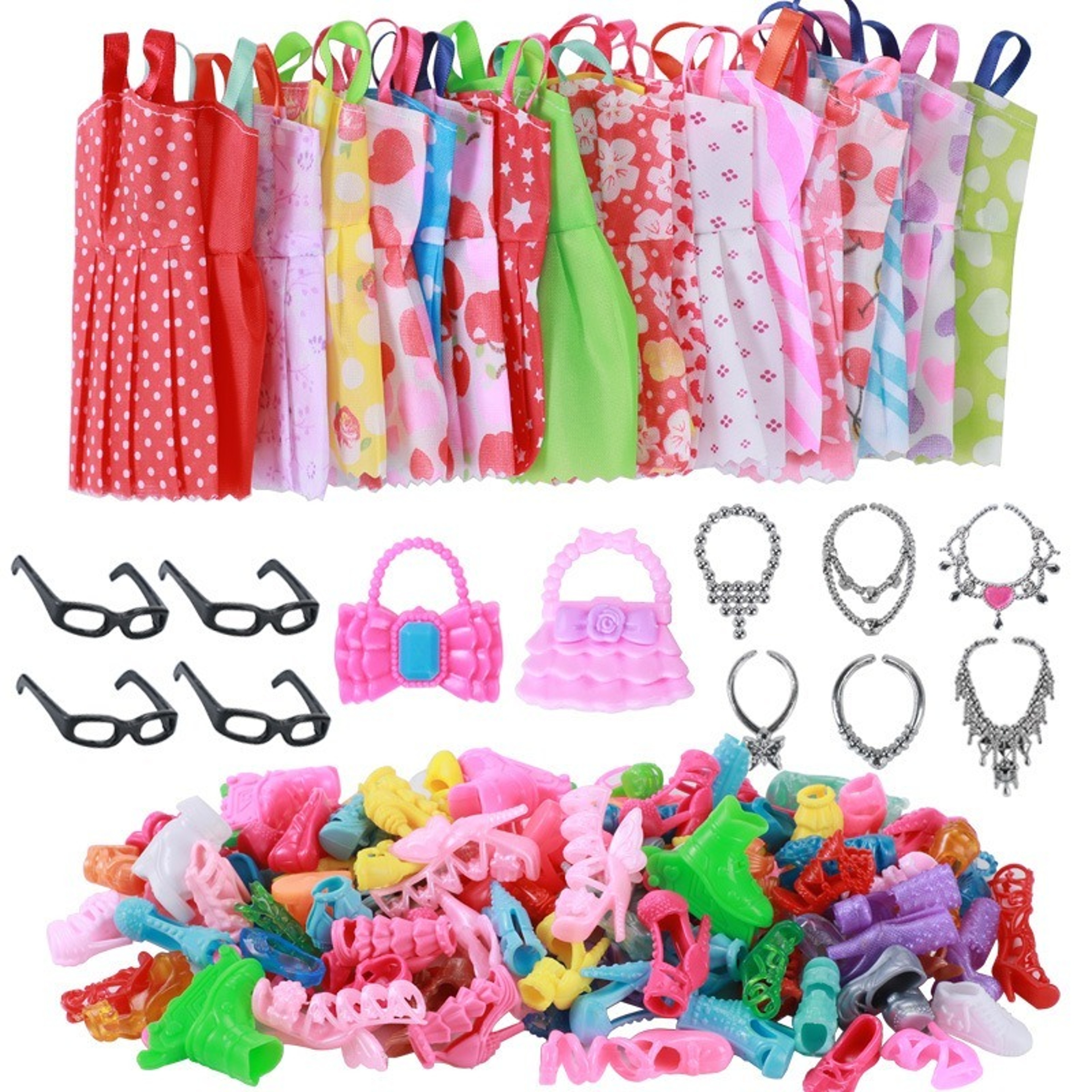 Doll Clothes Set Fashion Dresses Shoes, Glasses Necklaces Handbag for Barbie Doll – view 1