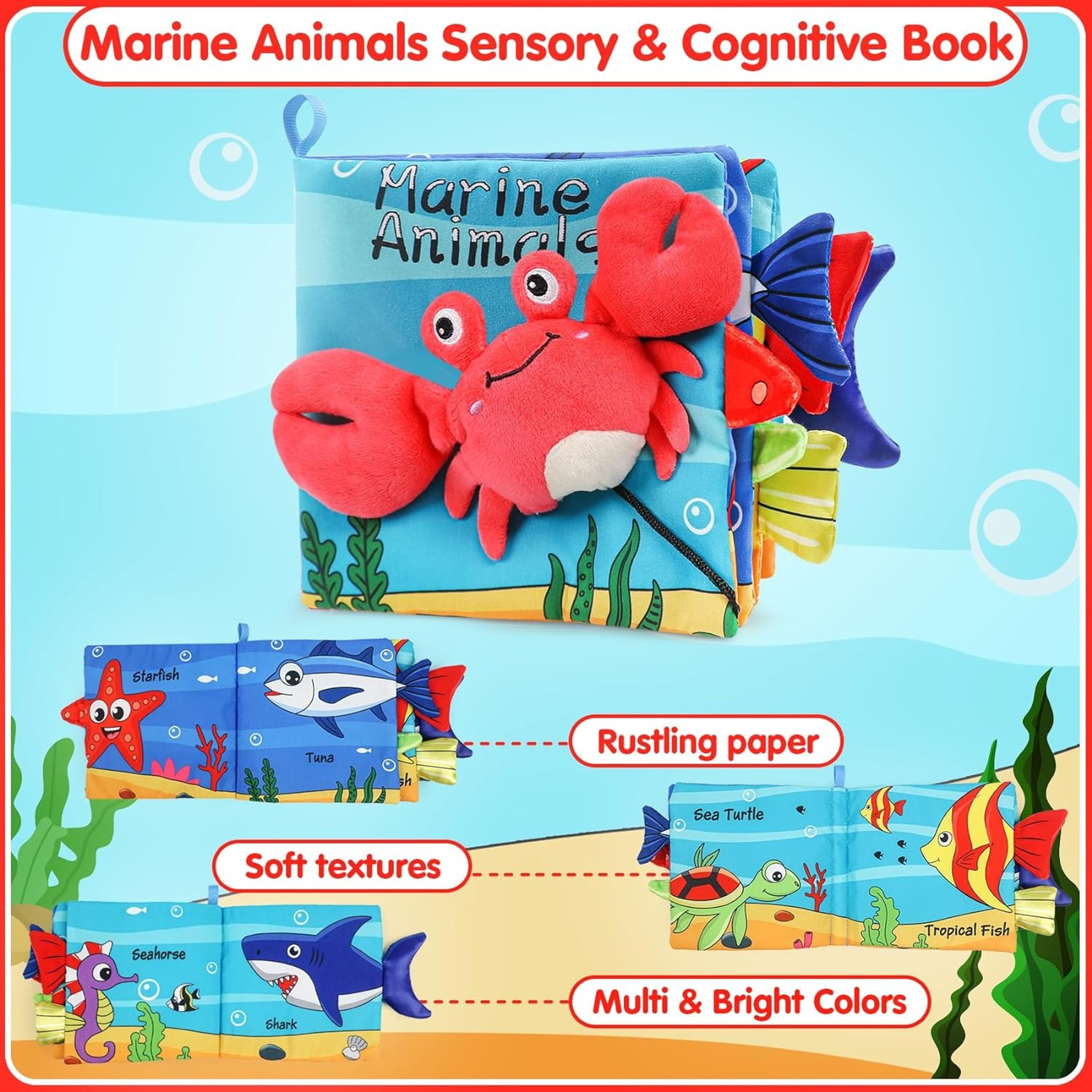 Crinkle Cloth Book, Baby Soft Books Toys, Marine Animal Tails for Infant, Interactive Stroller Soft Toys, Early – view 2