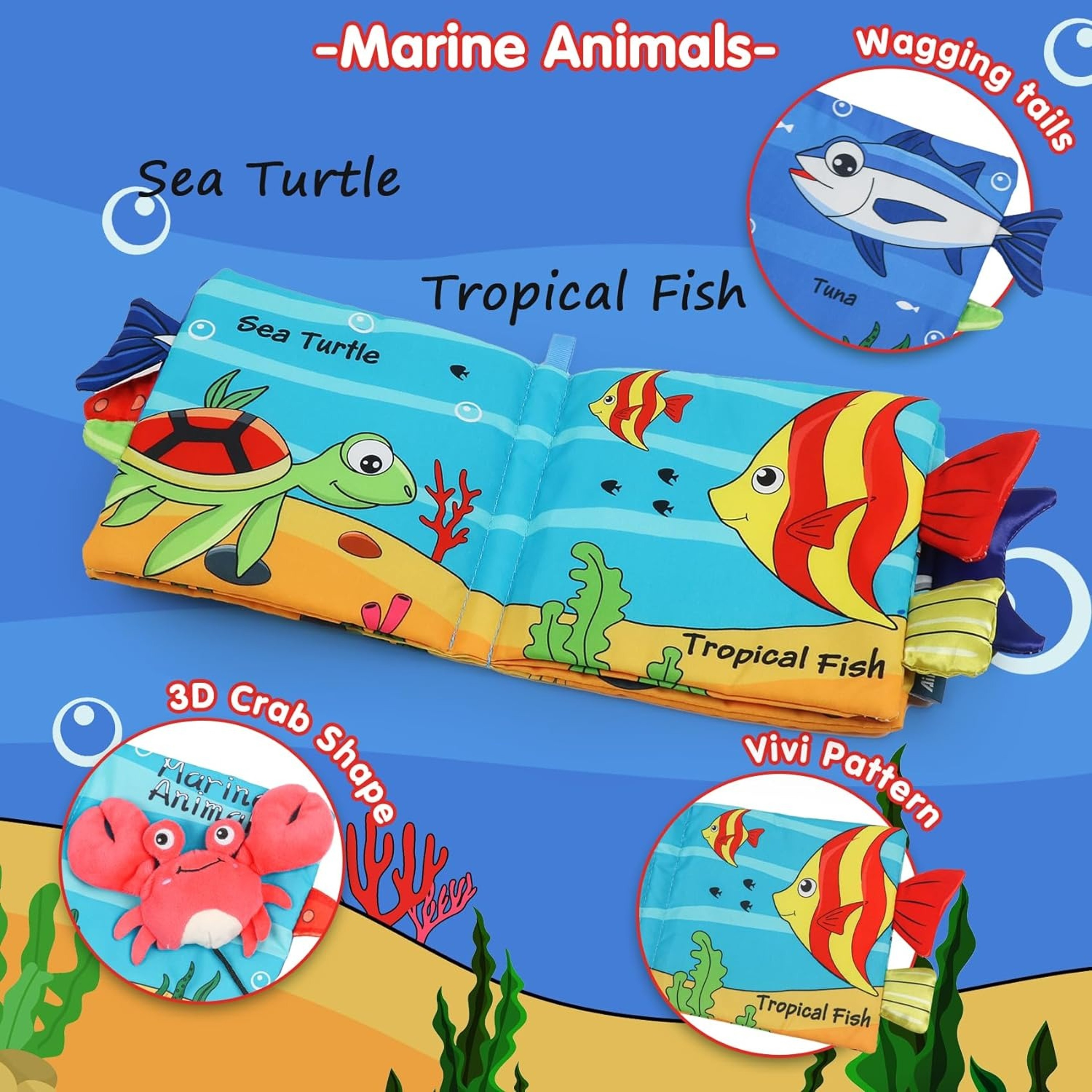 Crinkle Cloth Book, Baby Soft Books Toys, Marine Animal Tails for Infant, Interactive Stroller Soft Toys, Early – view 3