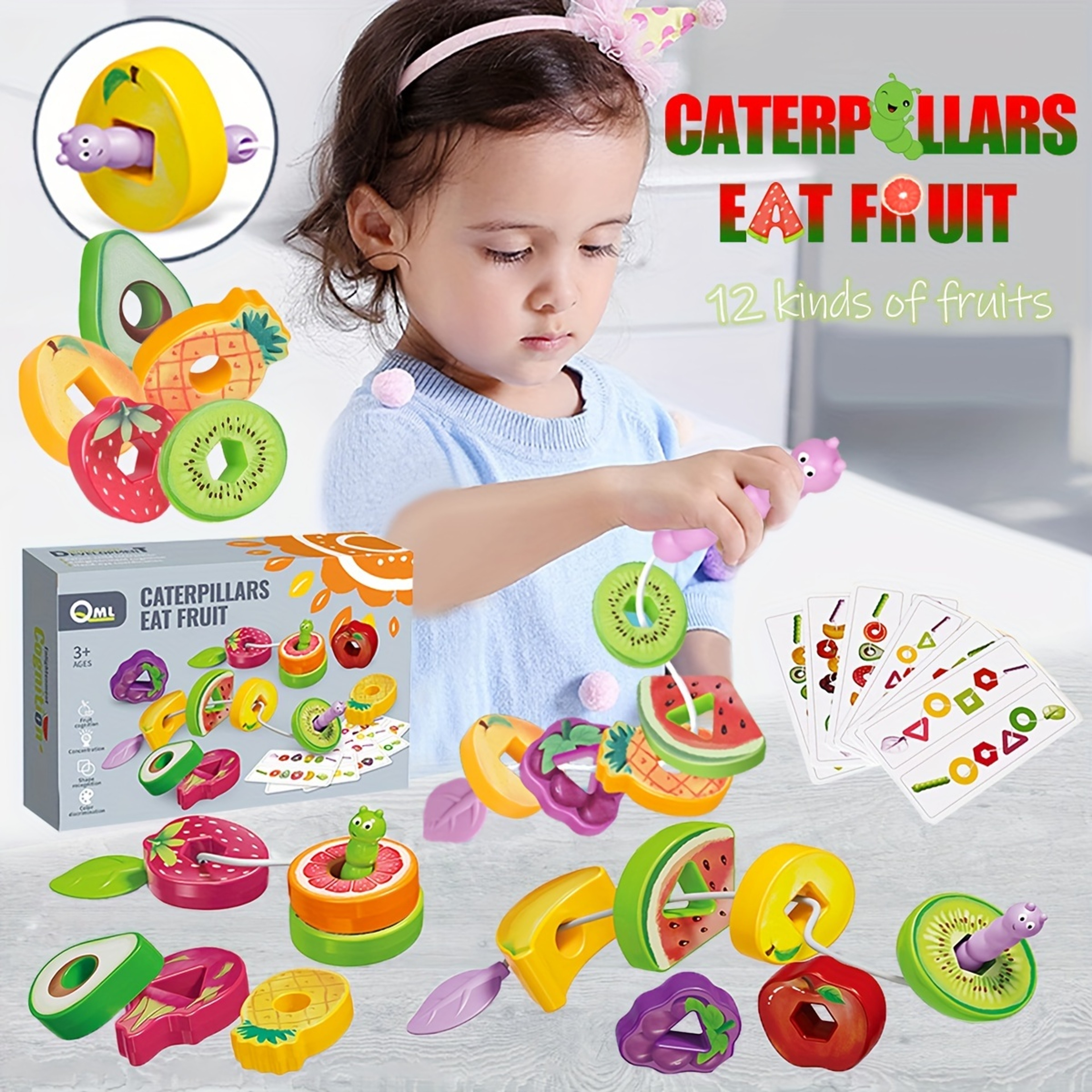 Montessori Wooden Animals Caterpillar Eat Fruits, Toddler Preschool Lacing Toys for Kids – view 1