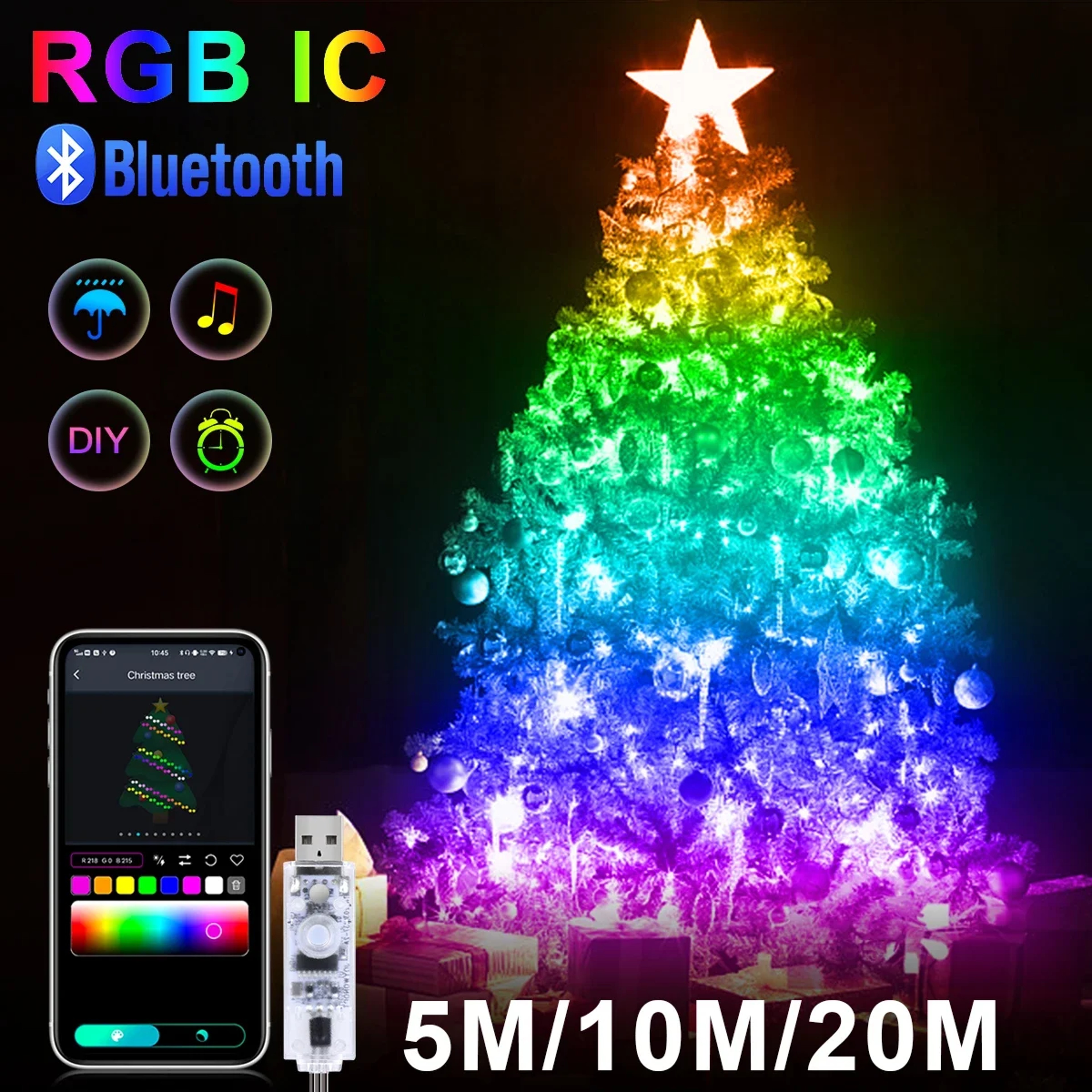 RGBIC USB 5V LED String Lights - Bluetooth Music & App-Controlled, 20M DIY Fairy Lights for Parties & Christmas Decor – view 1
