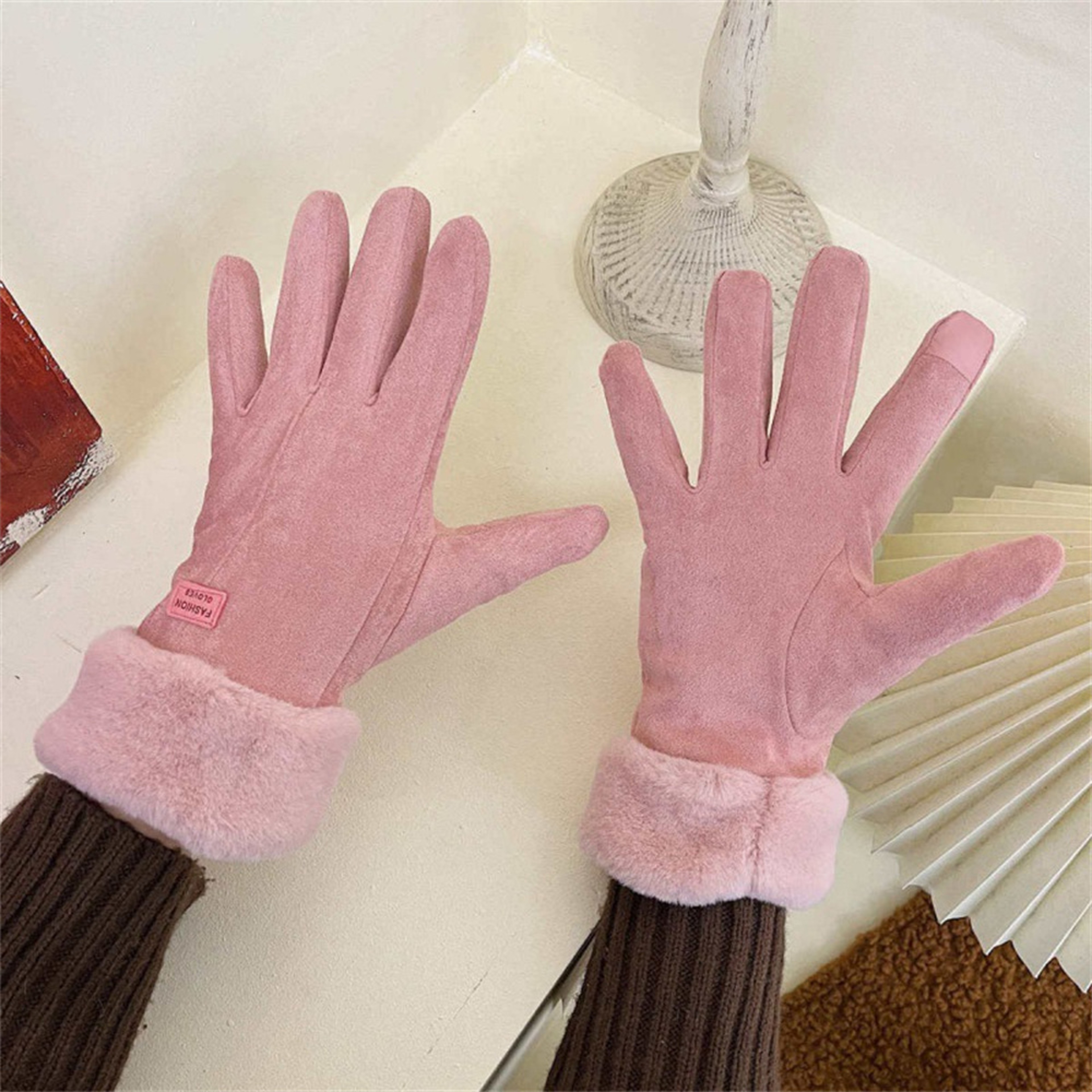 Winter Suede Gloves For Women  Touchscreen Full Finger Fleece Gloves For Cold Weather Hiking And Ou 2
