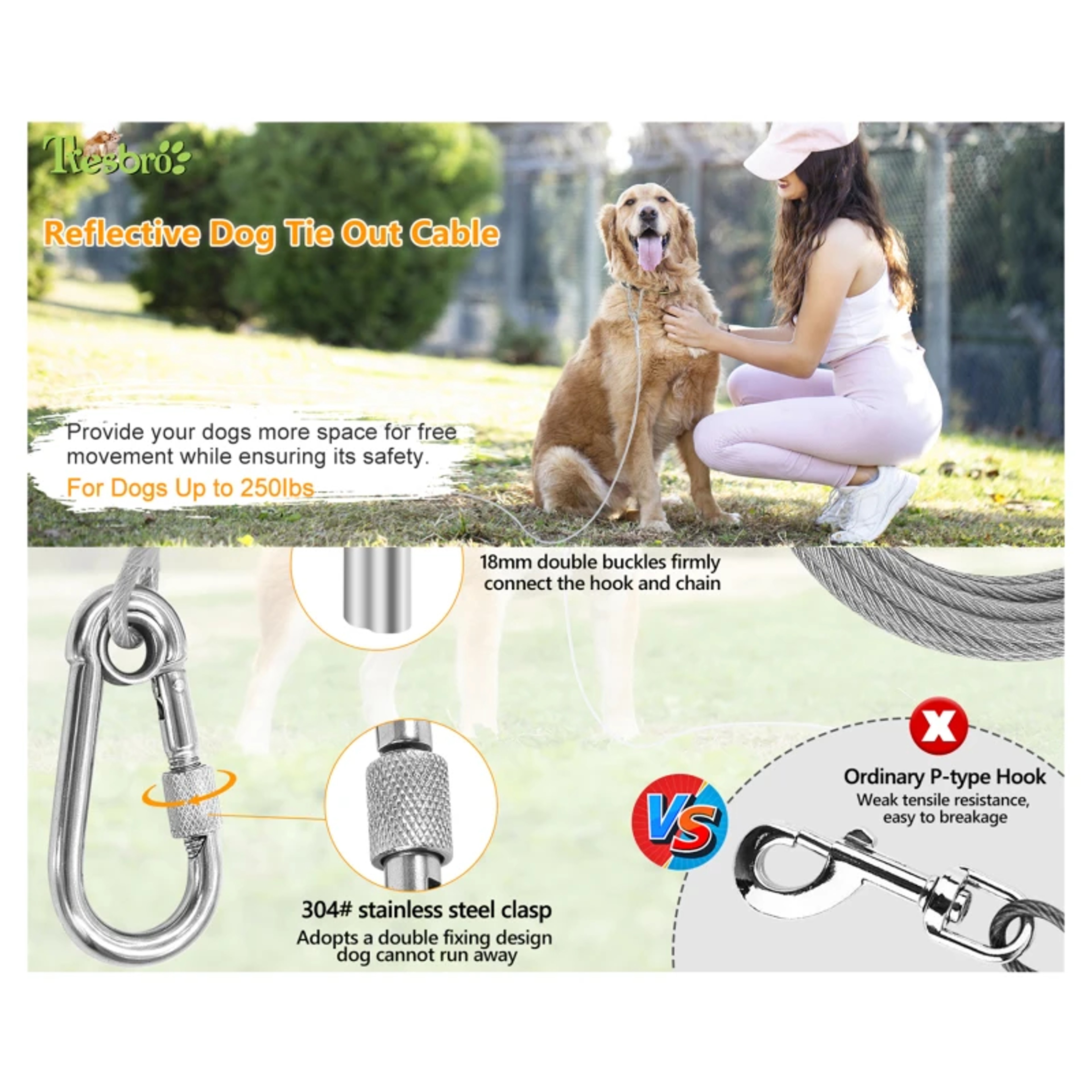 Double-Headed Dog Tie Out Cable Leash Heavy Duty Anti-Rust Steel Wire Training Collar for Outdoor Use – view 5