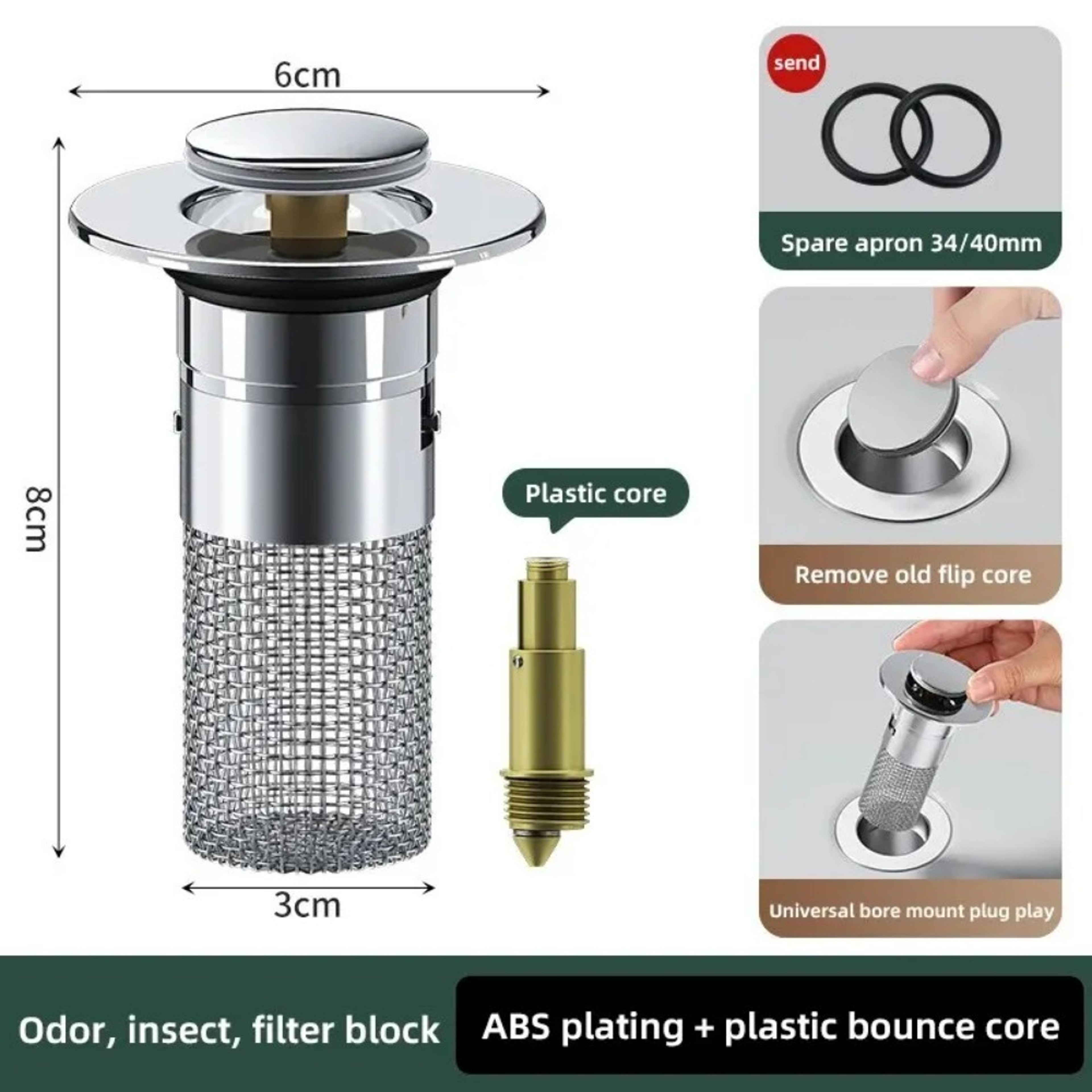 Stainless Steel Odor-Proof Leak Plug for Washbasin – Universal Press Type Sink Drain – view 6