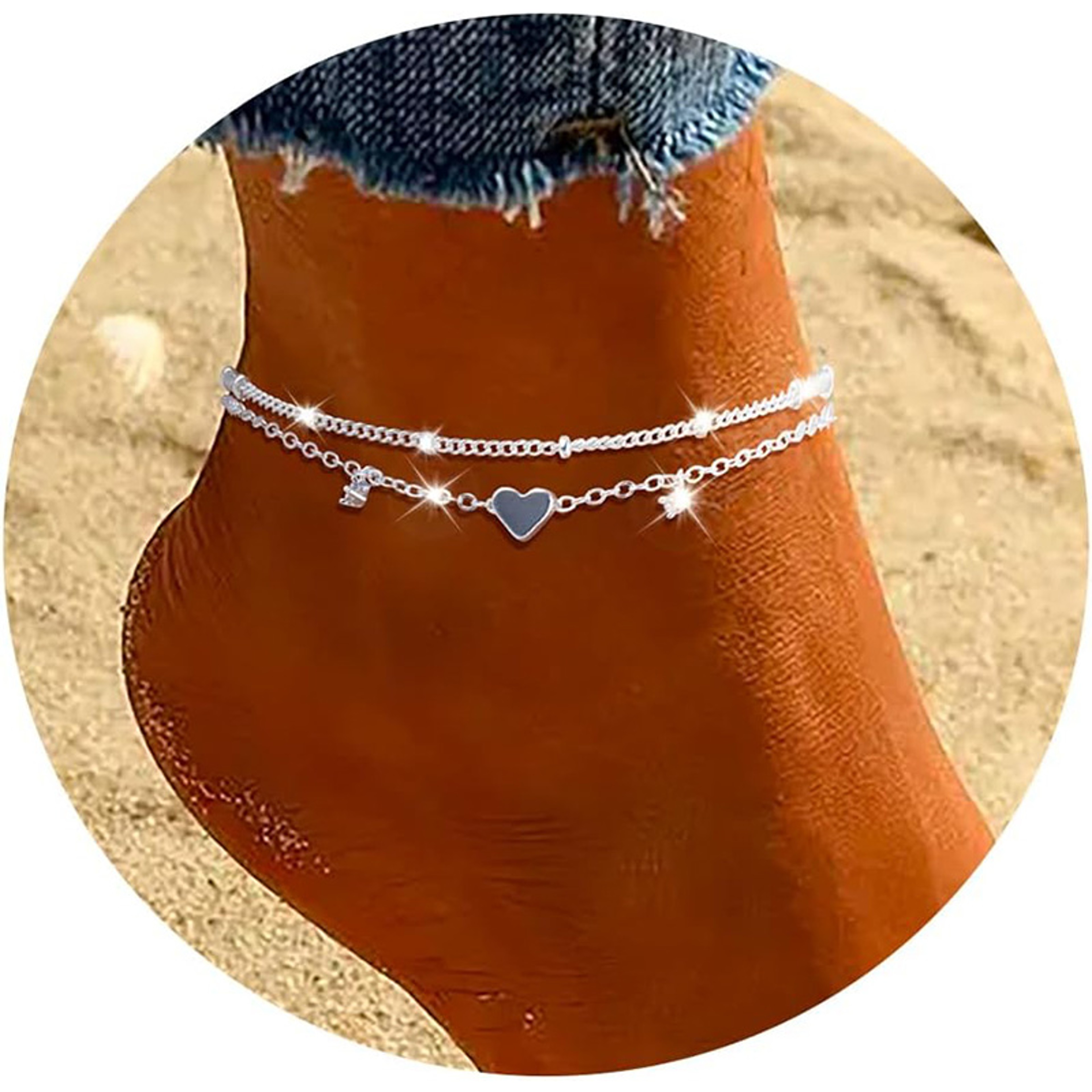 Silver-Plated CZ Anklet Bracelet with Heart Charm – Trendy, Waterproof, Dainty Layer Chain Jewelry Gift for Women & Girl – view 1