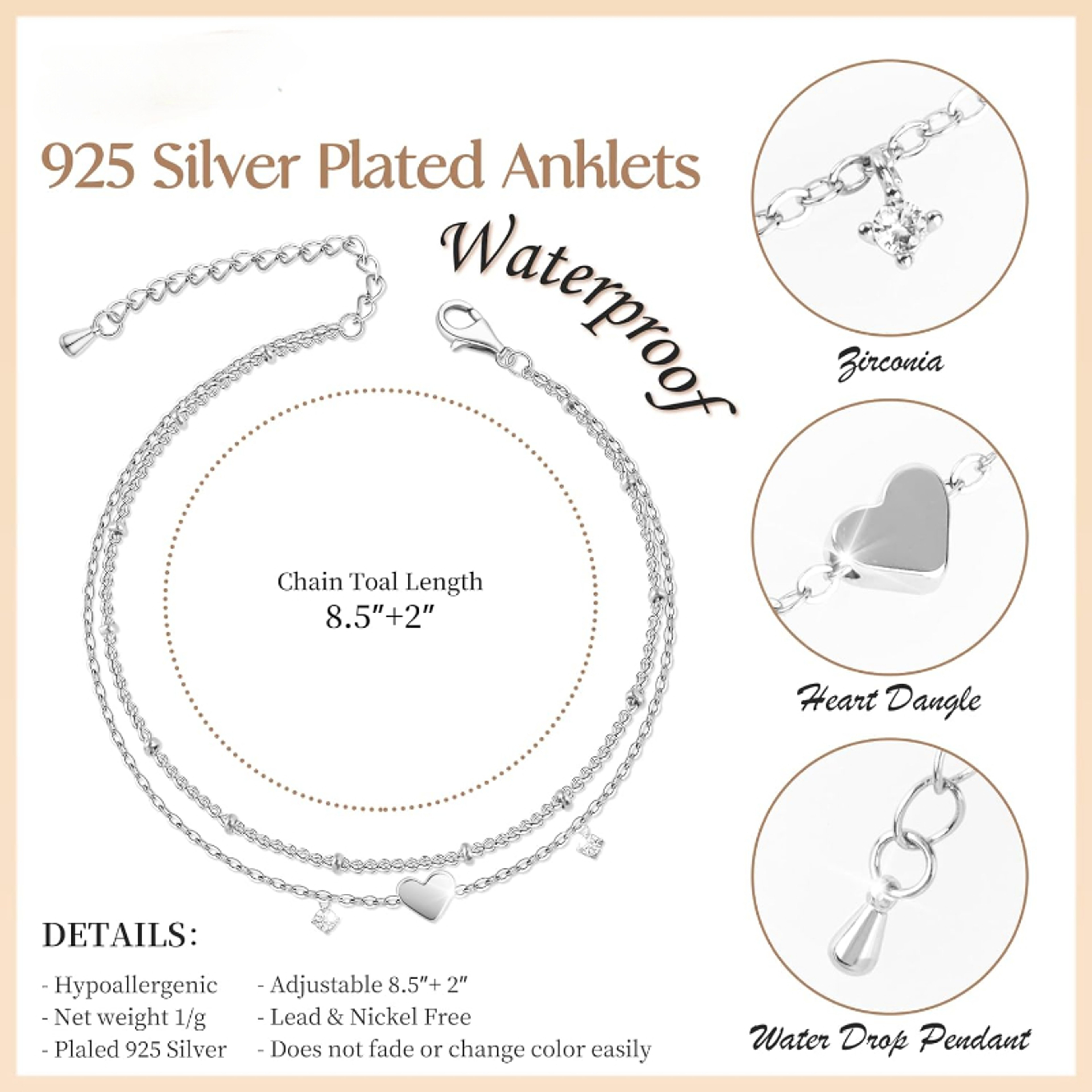 Silver-Plated CZ Anklet Bracelet with Heart Charm – Trendy, Waterproof, Dainty Layer Chain Jewelry Gift for Women & Girl – view 2