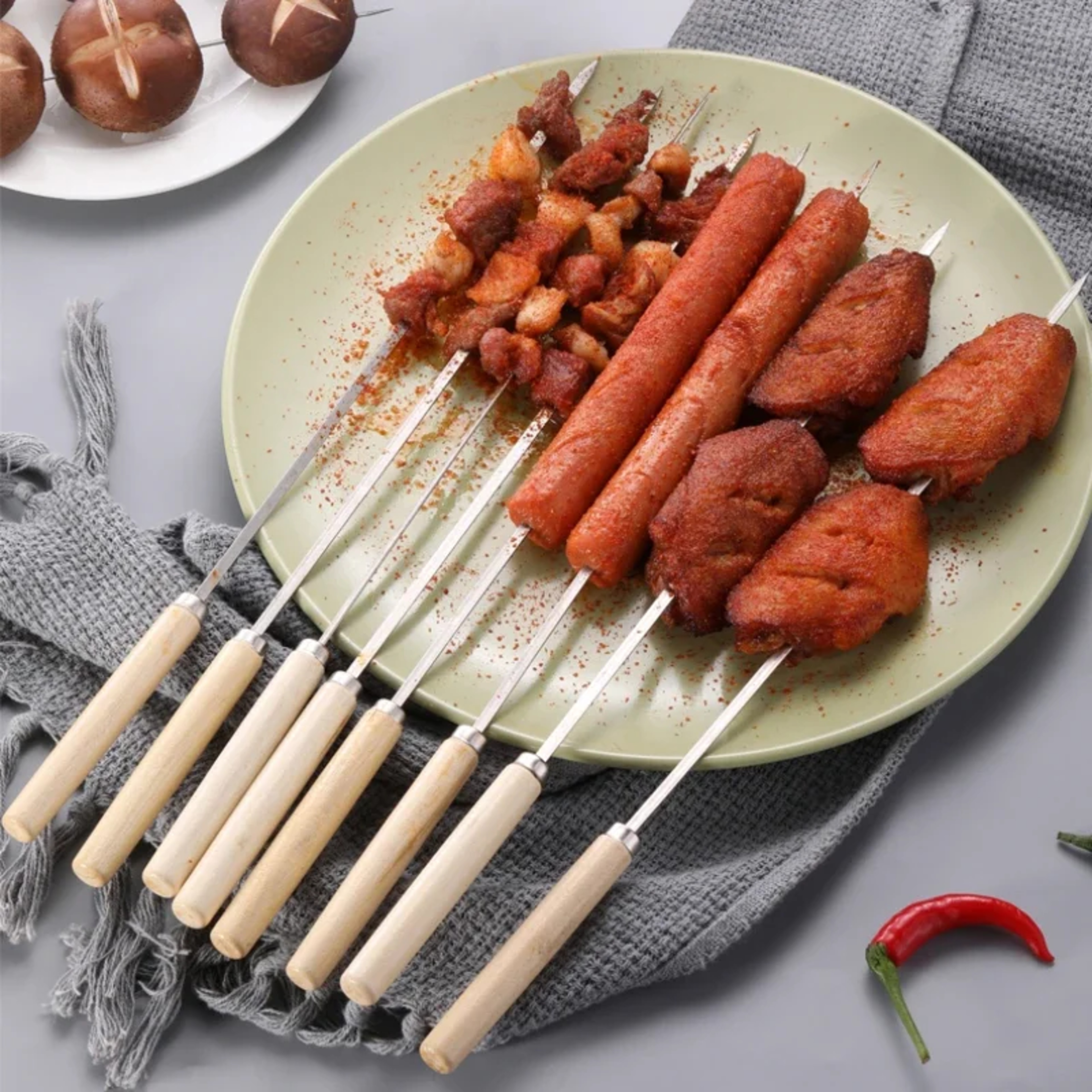 Reusable Stainless Steel BBQ Skewers with Wooden Handles – Anti-Scalding, Wide Metal Skewers for Barbecue and Grilling – view 2