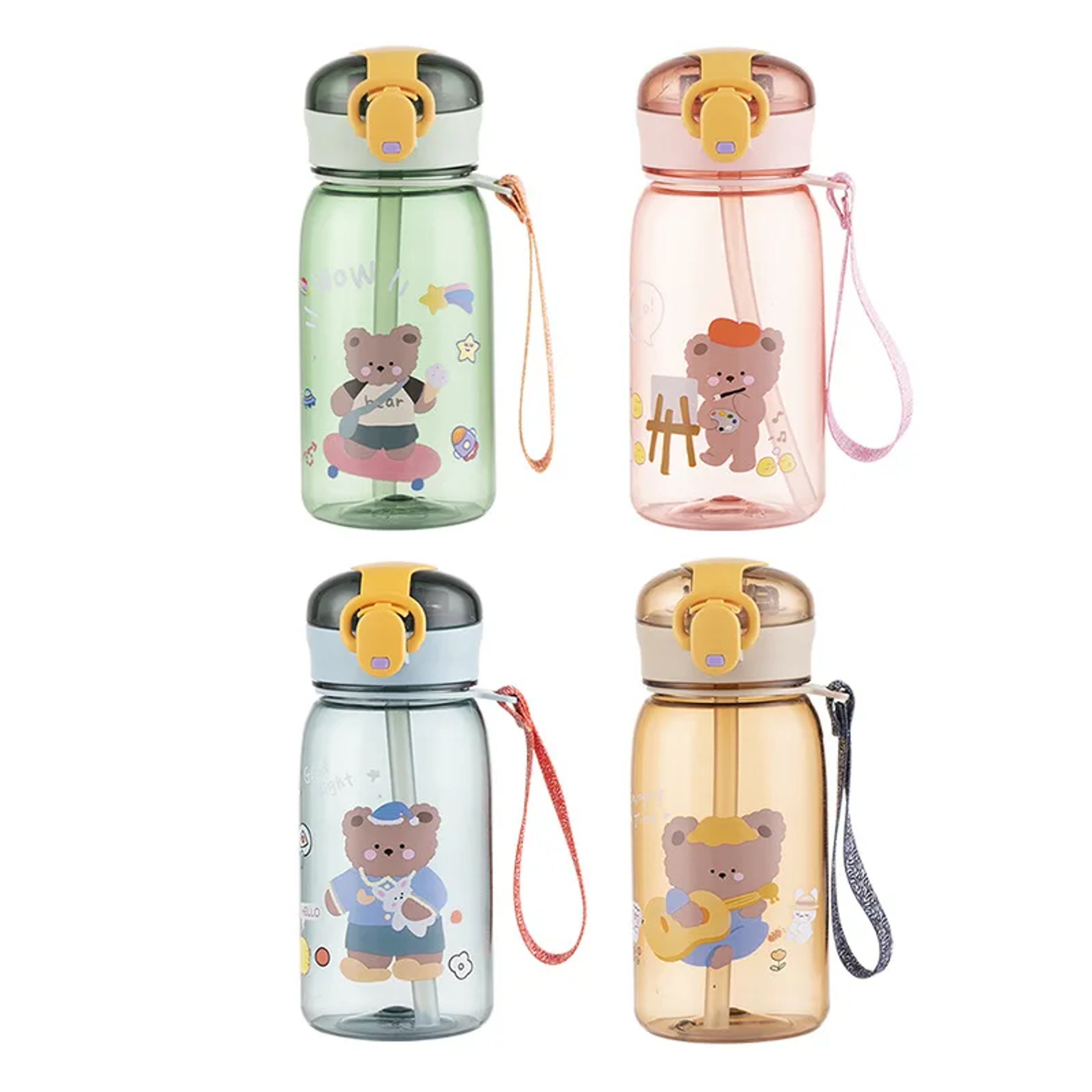 Cartoon Teddy Bear Plastic Cup for Kids – Portable Summer Water Cup with Straw and Rope – view 5